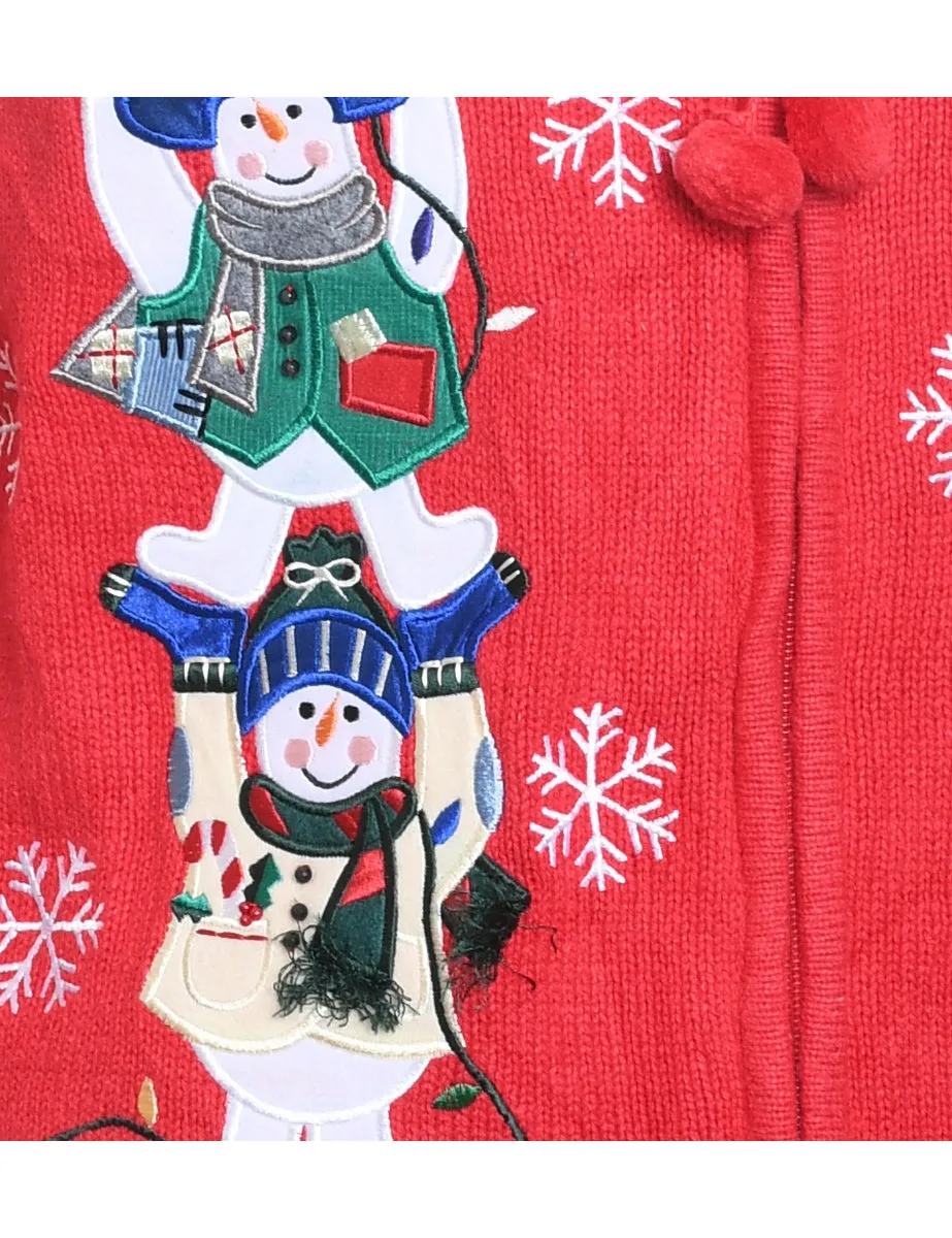 Red Knit Snowman Design Christmas Cardigan - M