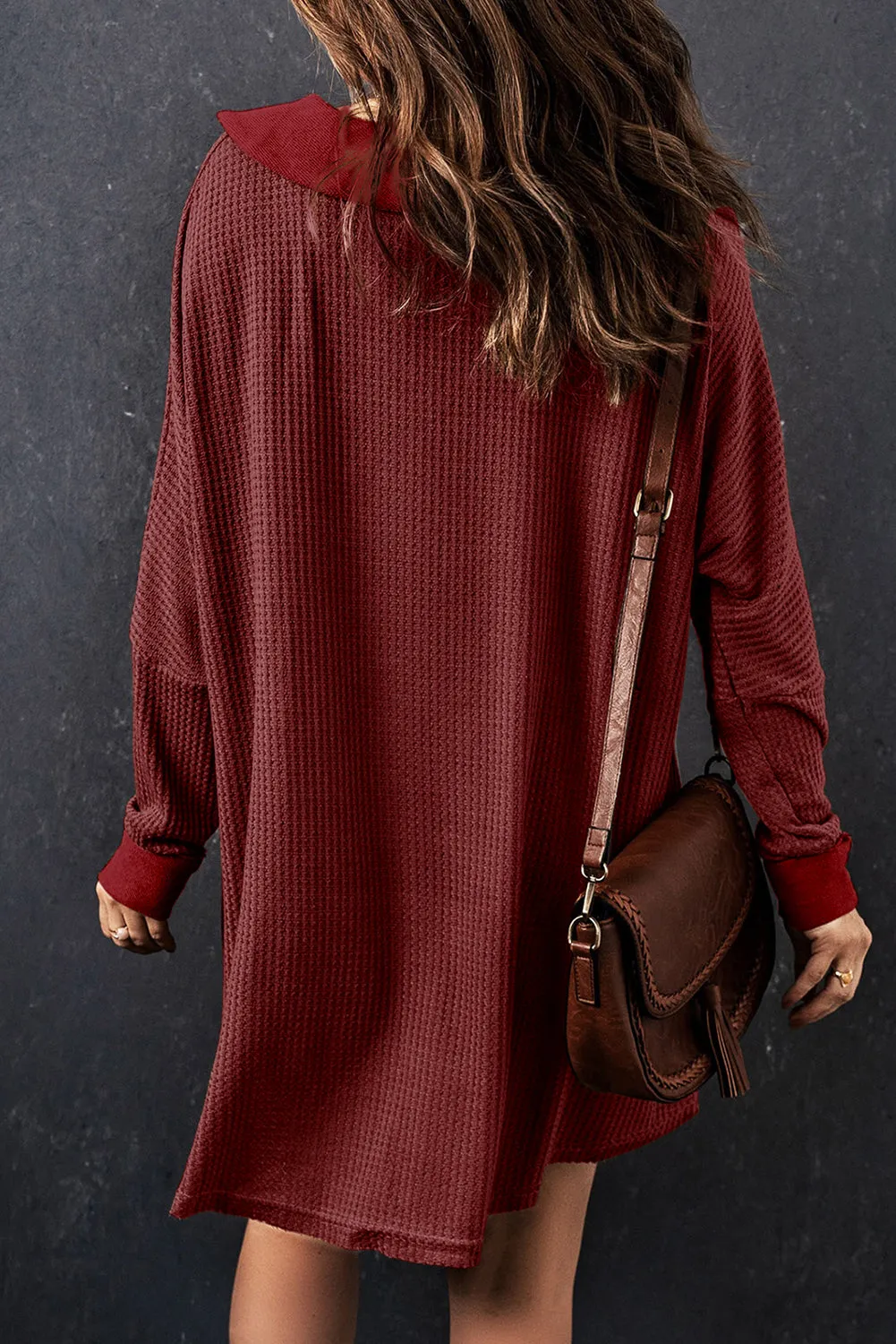 Red Waffle Knit Buttoned Long Sleeve Top