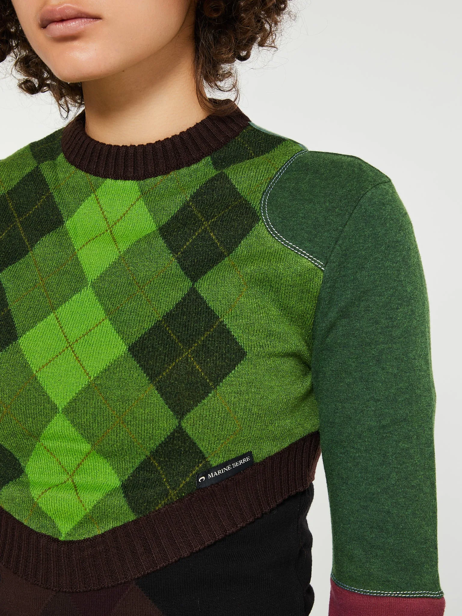 Regenerated Lozenge Knit Crewneck Pullover in Green and Brown