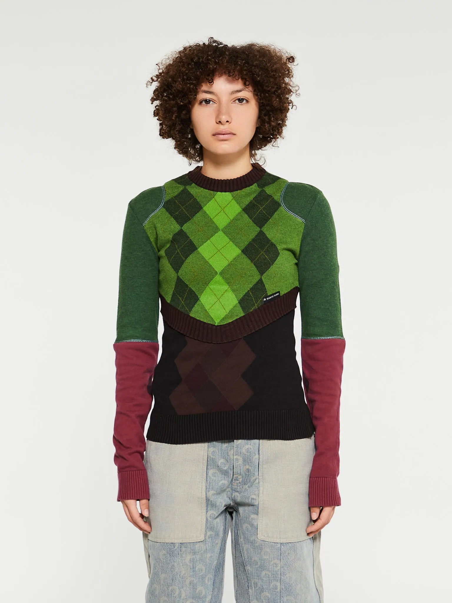 Regenerated Lozenge Knit Crewneck Pullover in Green and Brown