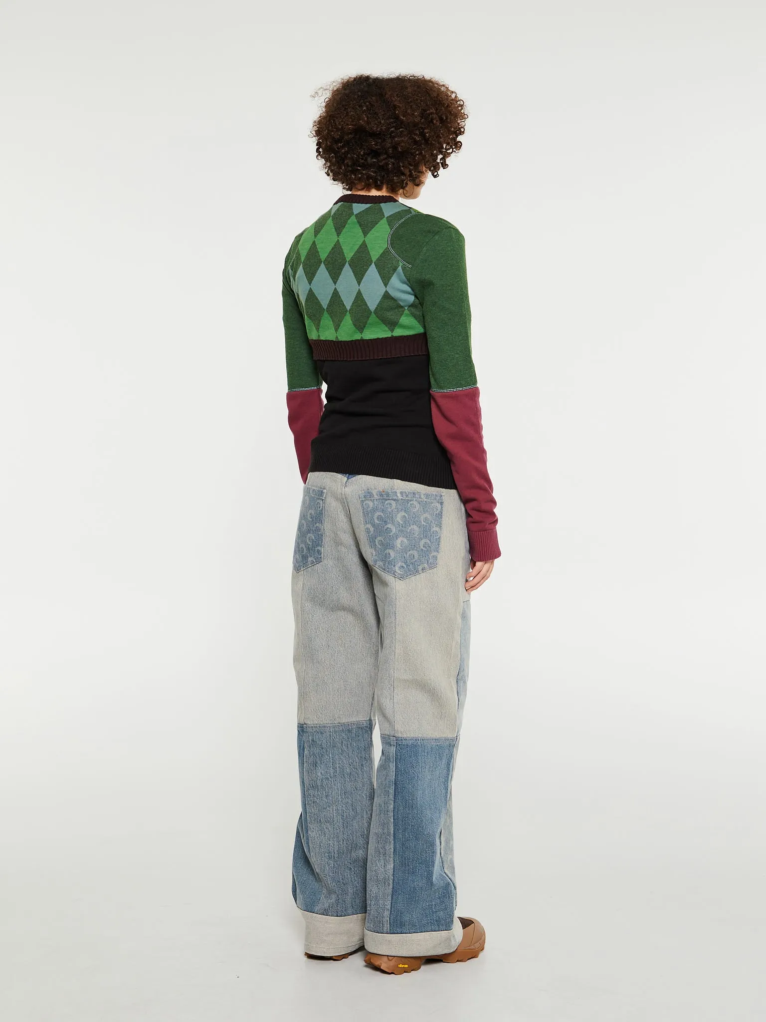 Regenerated Lozenge Knit Crewneck Pullover in Green and Brown