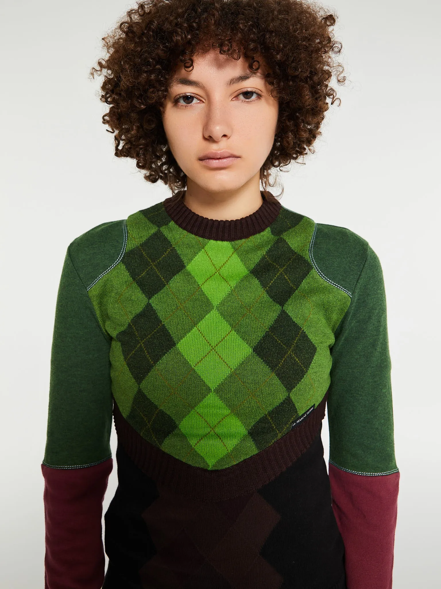 Regenerated Lozenge Knit Crewneck Pullover in Green and Brown