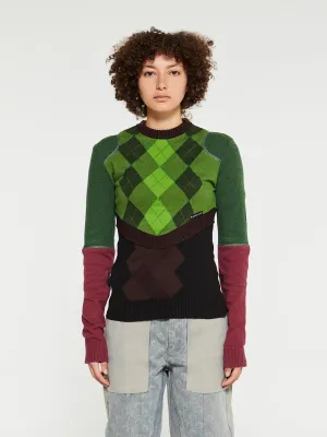 Regenerated Lozenge Knit Crewneck Pullover in Green and Brown