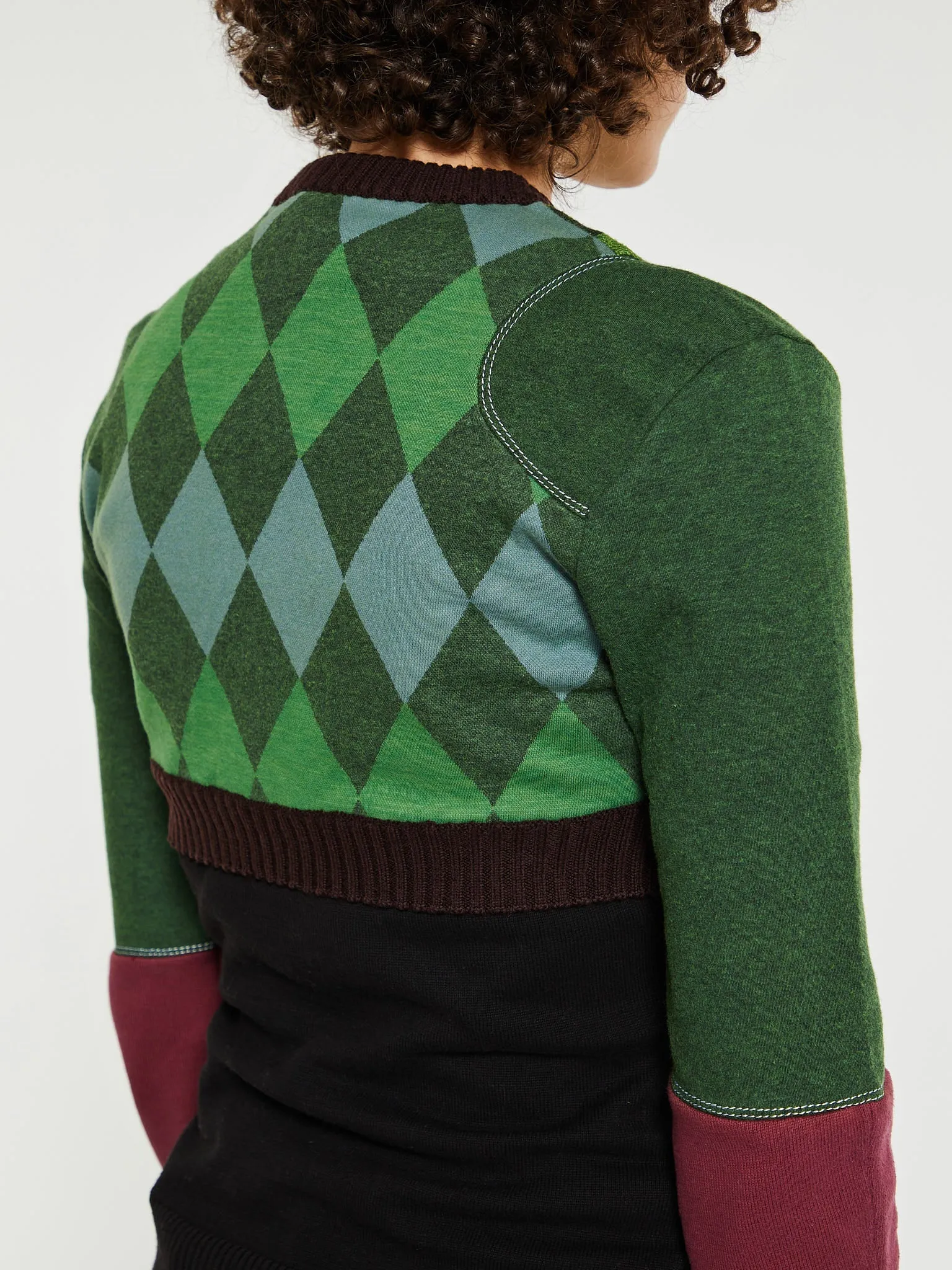 Regenerated Lozenge Knit Crewneck Pullover in Green and Brown