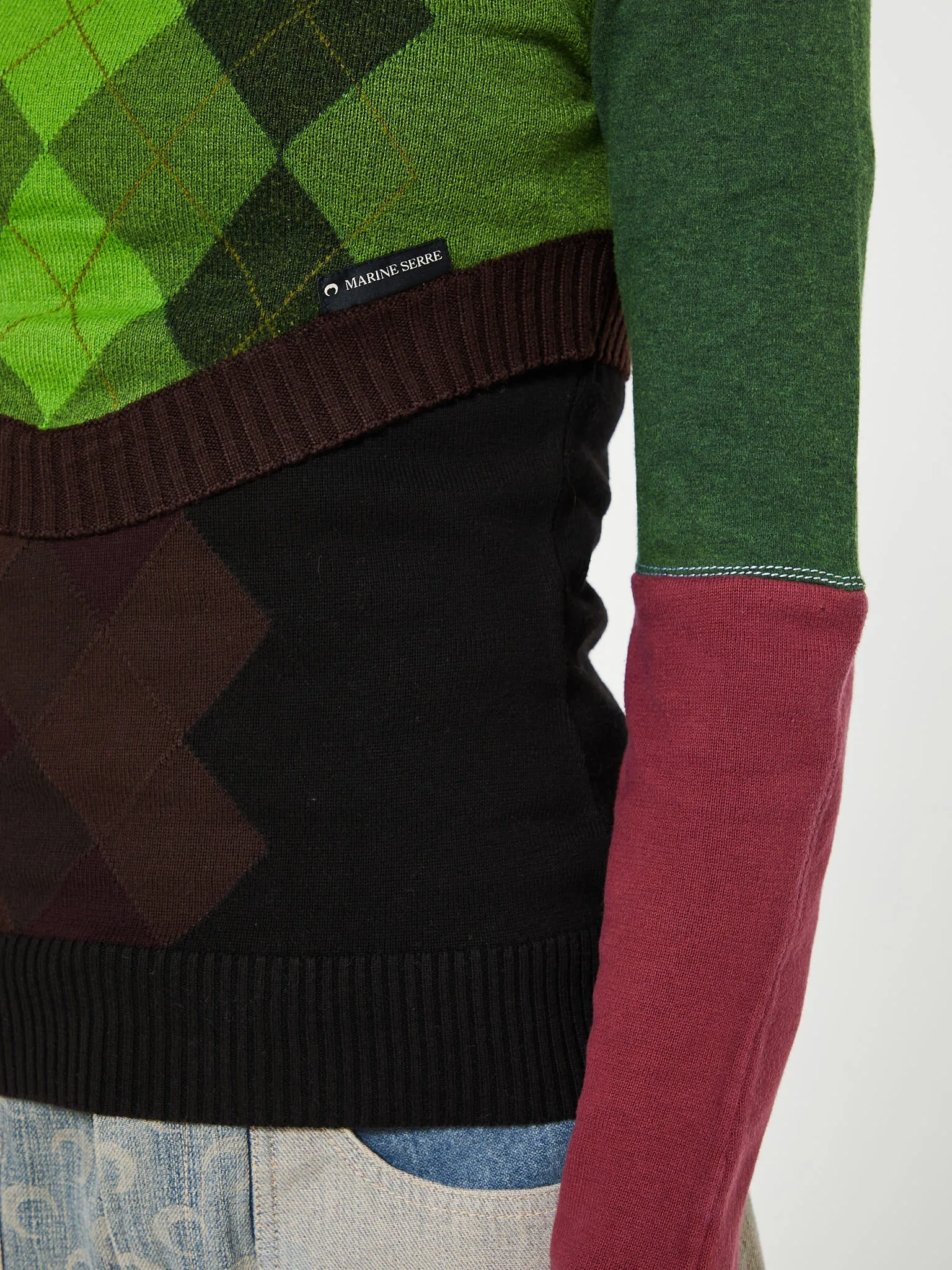 Regenerated Lozenge Knit Crewneck Pullover in Green and Brown