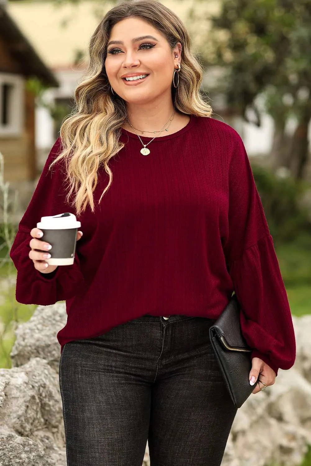 Ruby Plus Size Balloon Sleeve Textured Knit Top - Stylish Wear