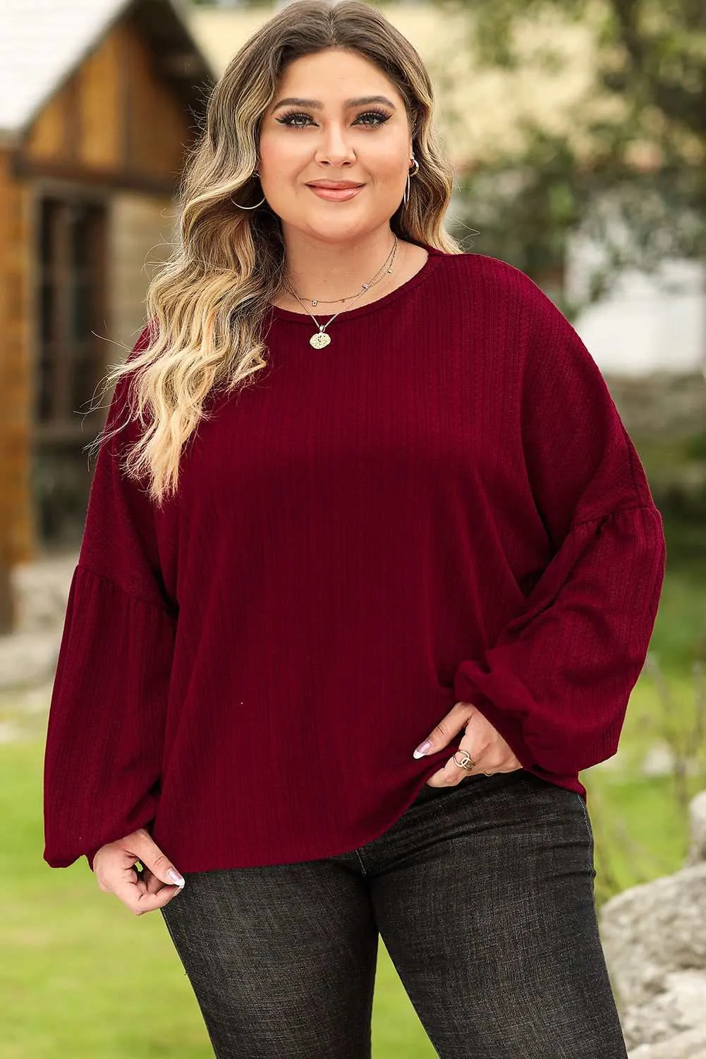 Ruby Plus Size Balloon Sleeve Textured Knit Top - Stylish Wear