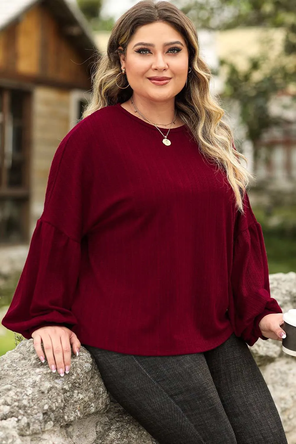 Ruby Plus Size Balloon Sleeve Textured Knit Top - Stylish Wear