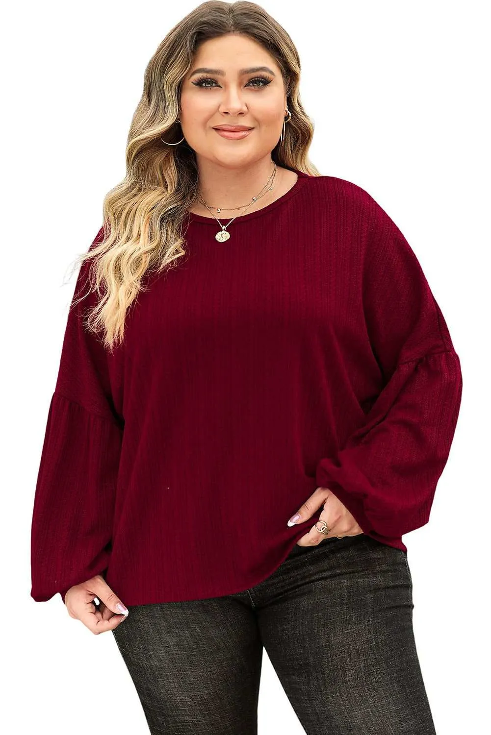 Ruby Plus Size Balloon Sleeve Textured Knit Top - Stylish Wear