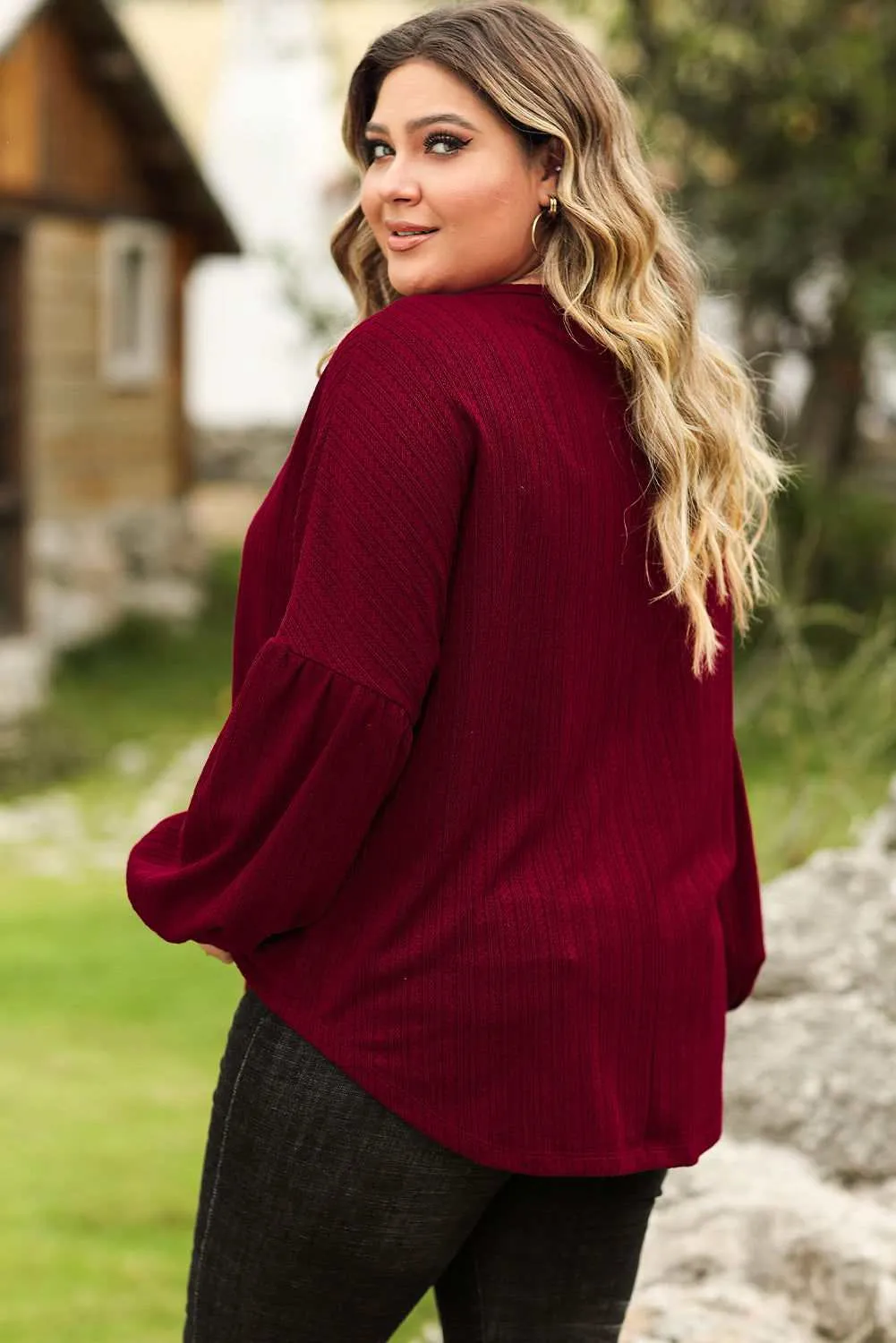Ruby Plus Size Balloon Sleeve Textured Knit Top - Stylish Wear