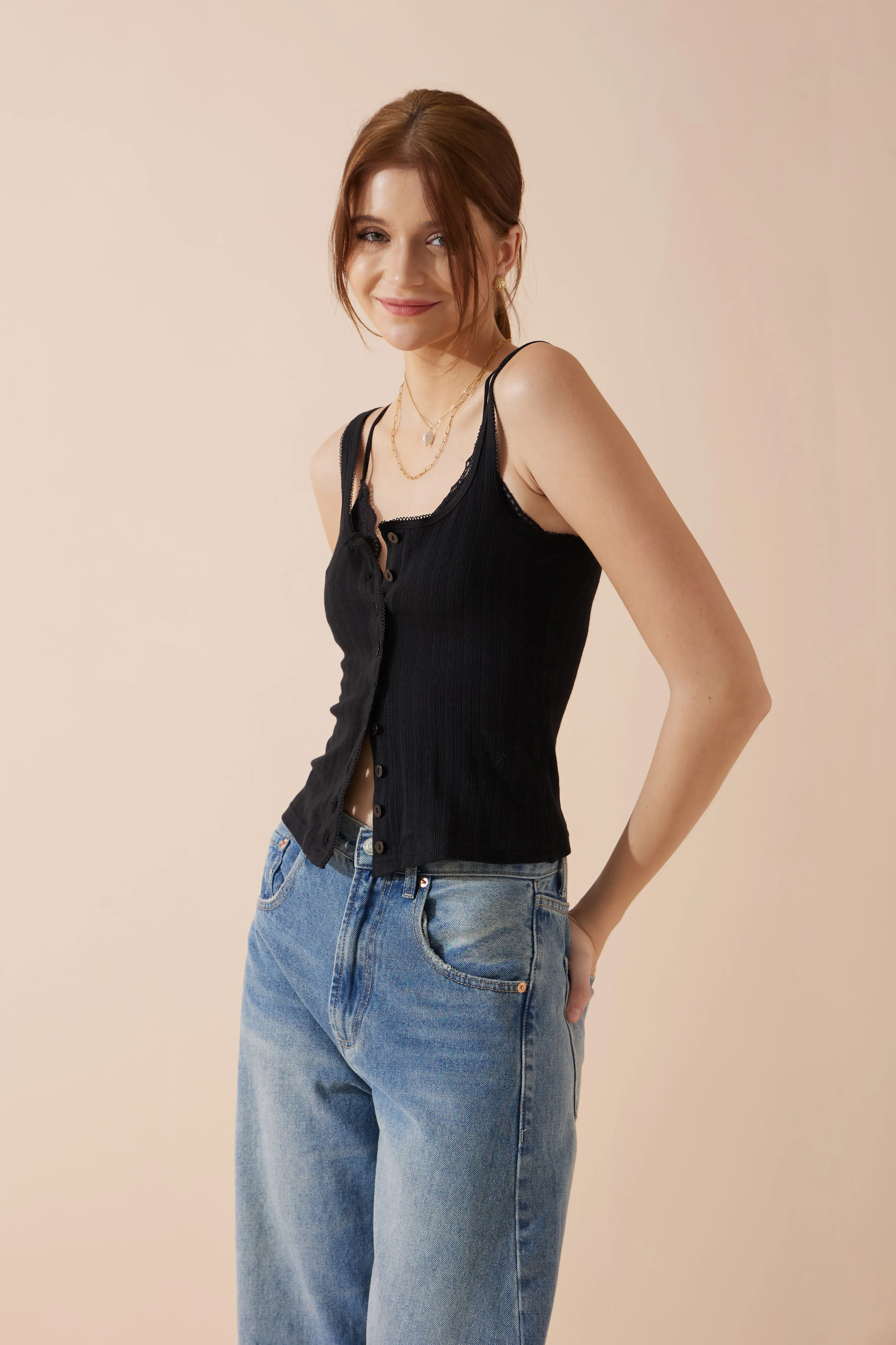 Sadie Black Button Tank Top