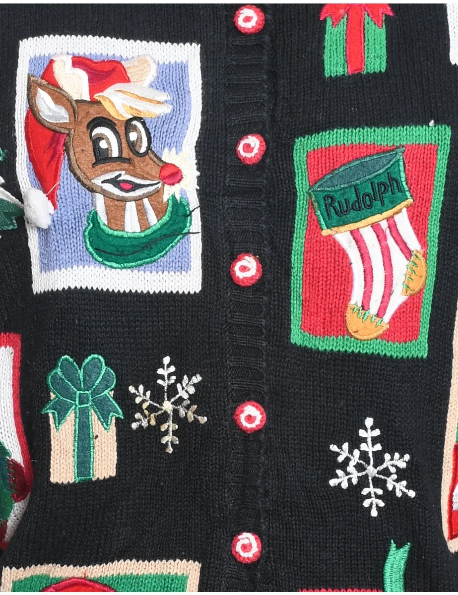 Santa Claus & Reindeer Design Black Knit Christmas Cardigan - M