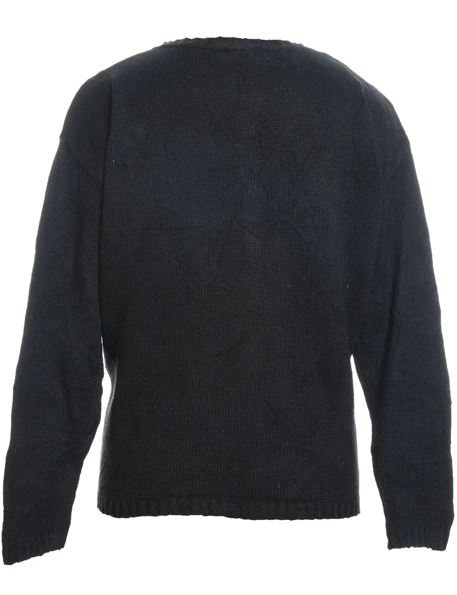 Santa Claus & Reindeer Design Black Knit Christmas Cardigan - M