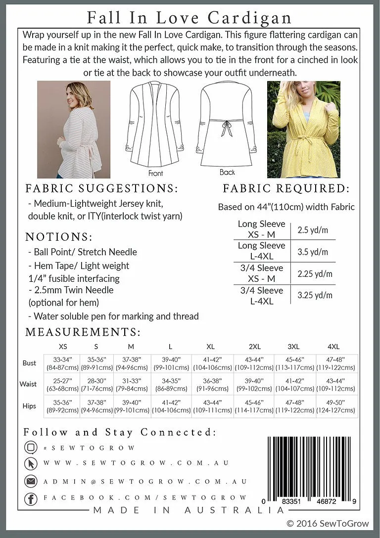 Sew To Grow - Fall In Love Cardigan Sewing Pattern