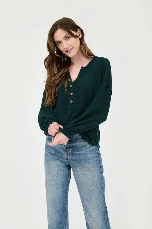 SHANNON V NECK HALF BUTTON LONG SLEEVE KNIT TOP