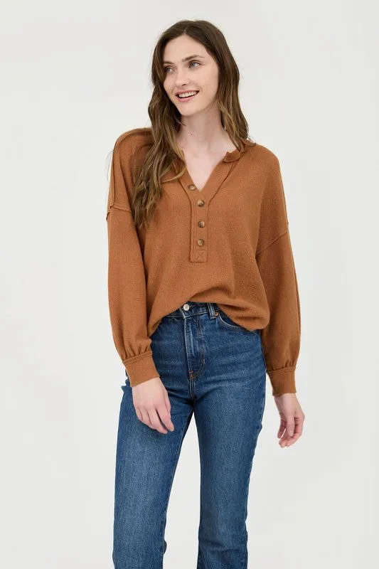 SHANNON V NECK HALF BUTTON LONG SLEEVE KNIT TOP