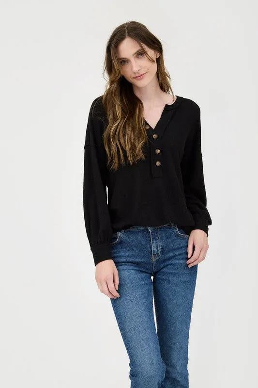 SHANNON V NECK HALF BUTTON LONG SLEEVE KNIT TOP