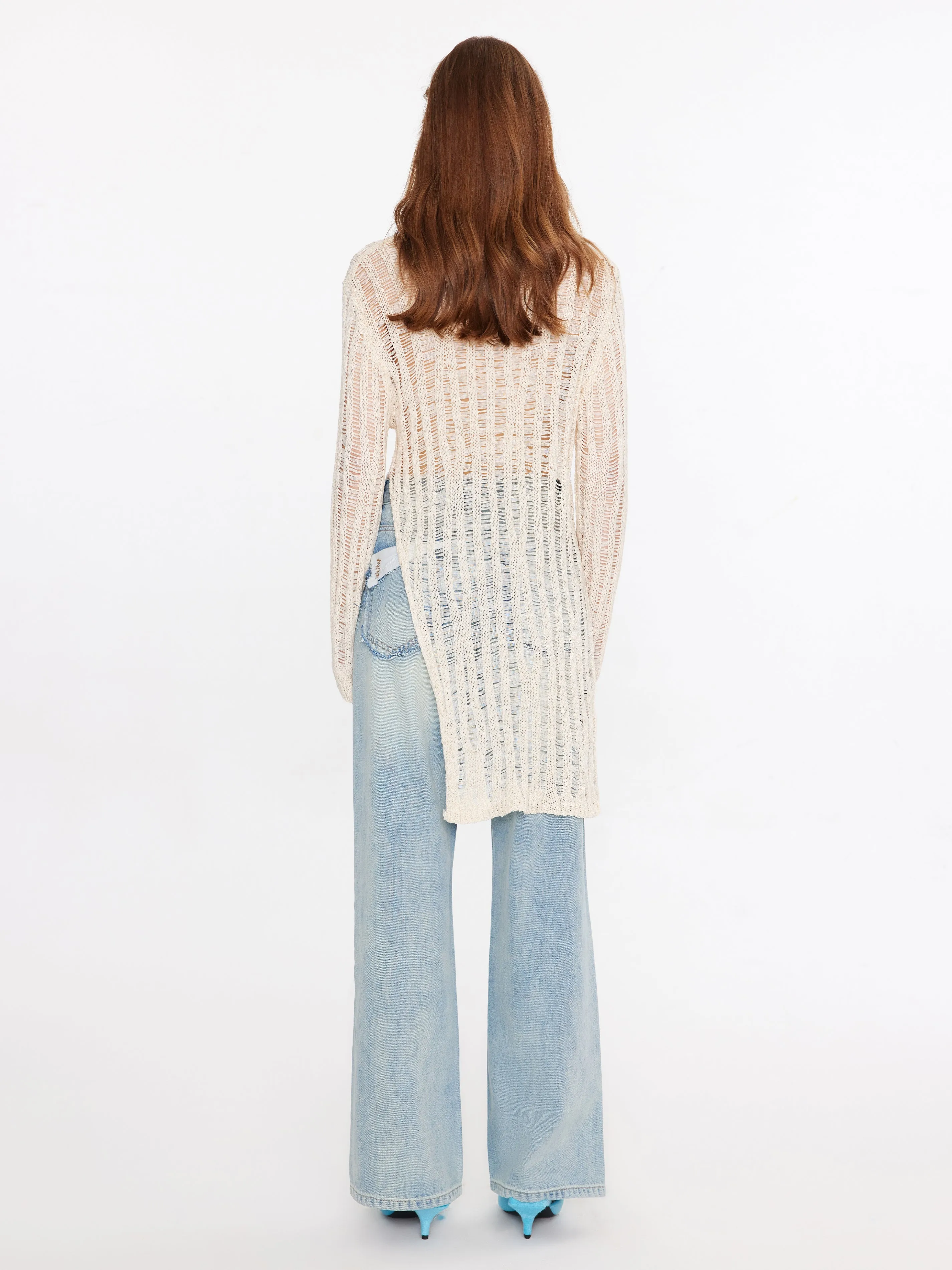 Sheer Slitted Long Sleeve Knit Top