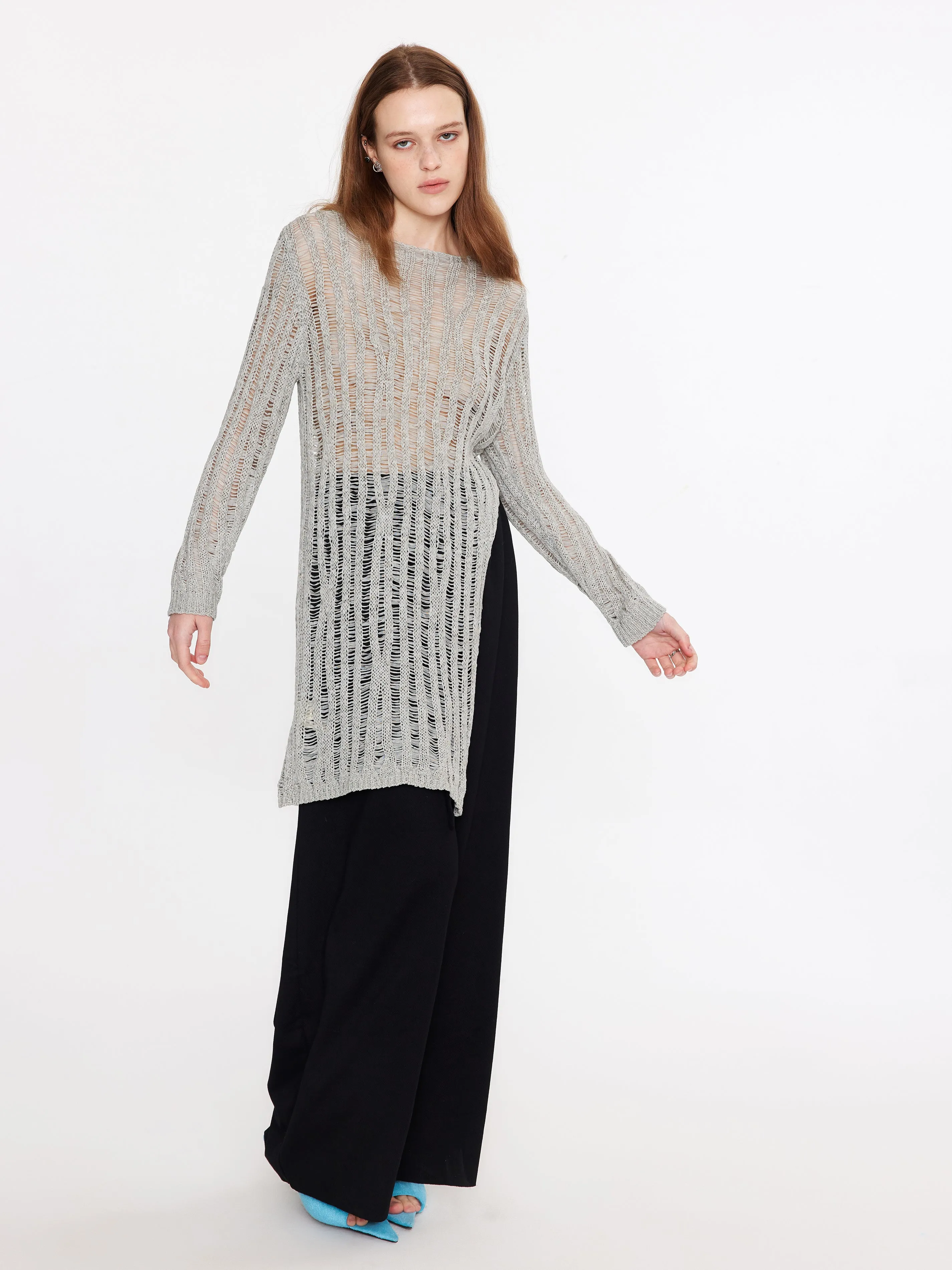 Sheer Slitted Long Sleeve Knit Top