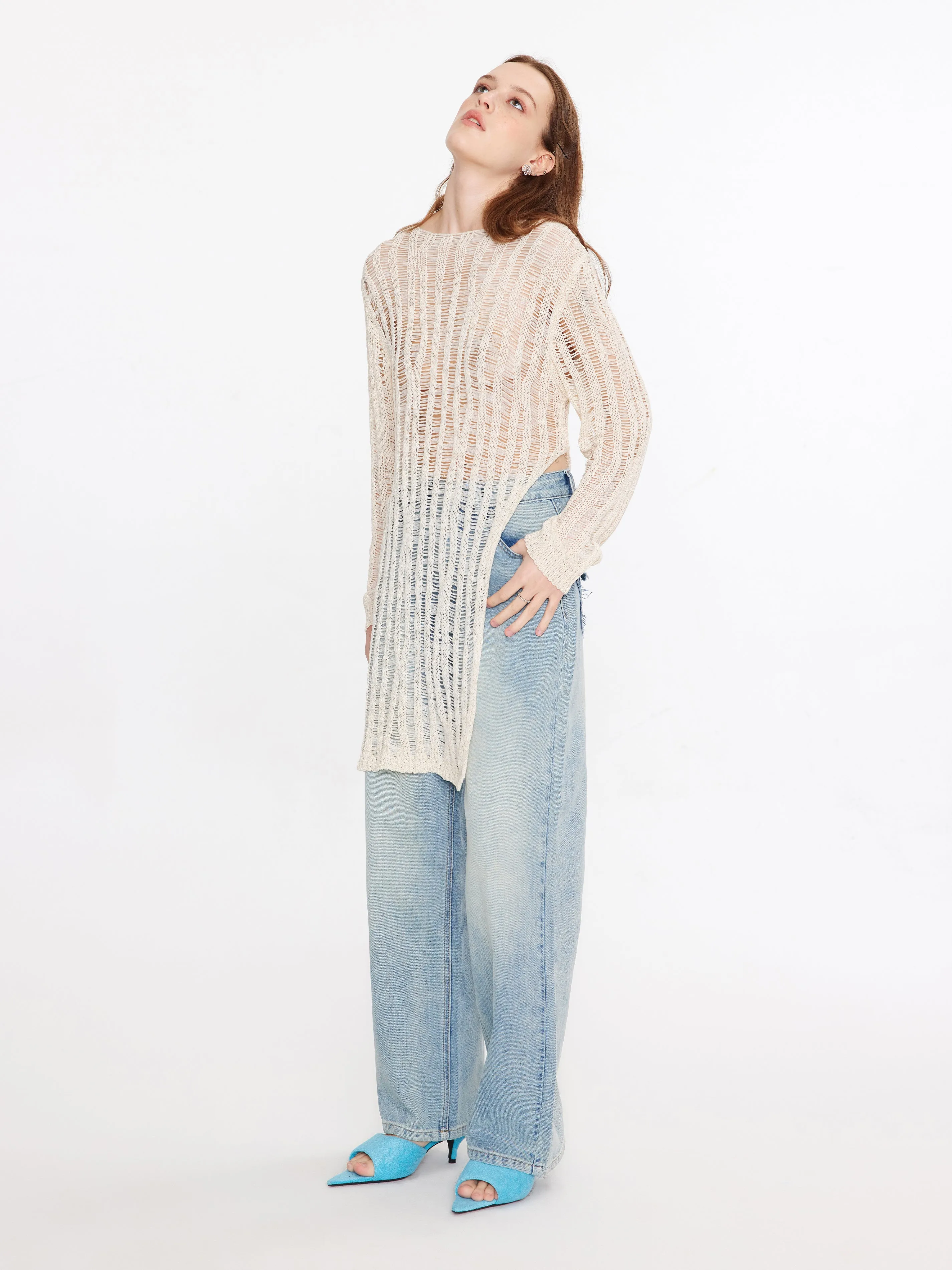 Sheer Slitted Long Sleeve Knit Top
