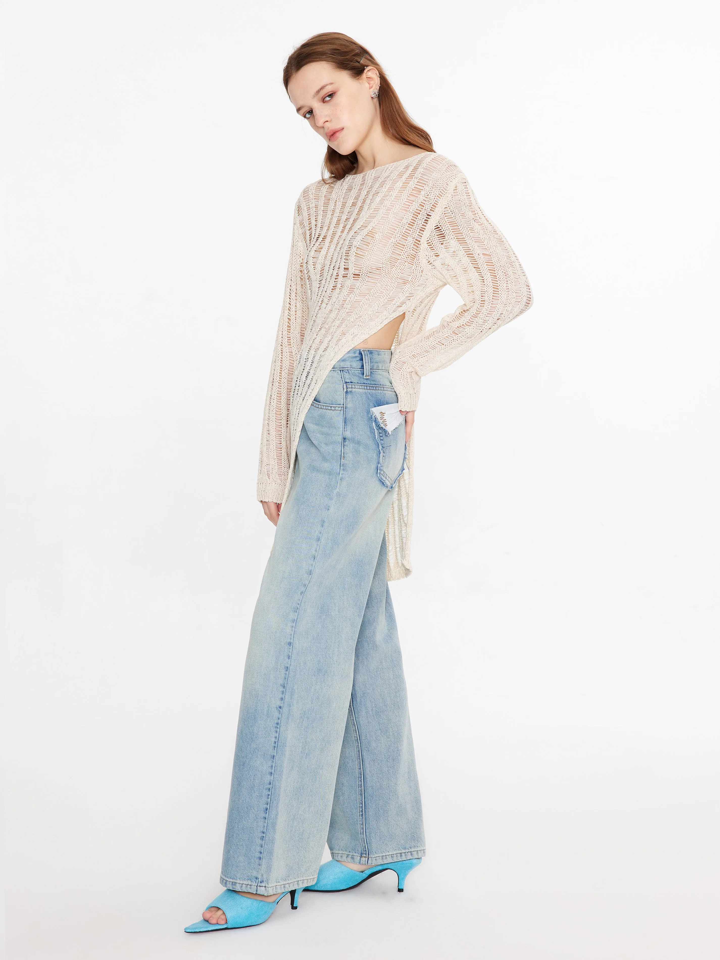 Sheer Slitted Long Sleeve Knit Top