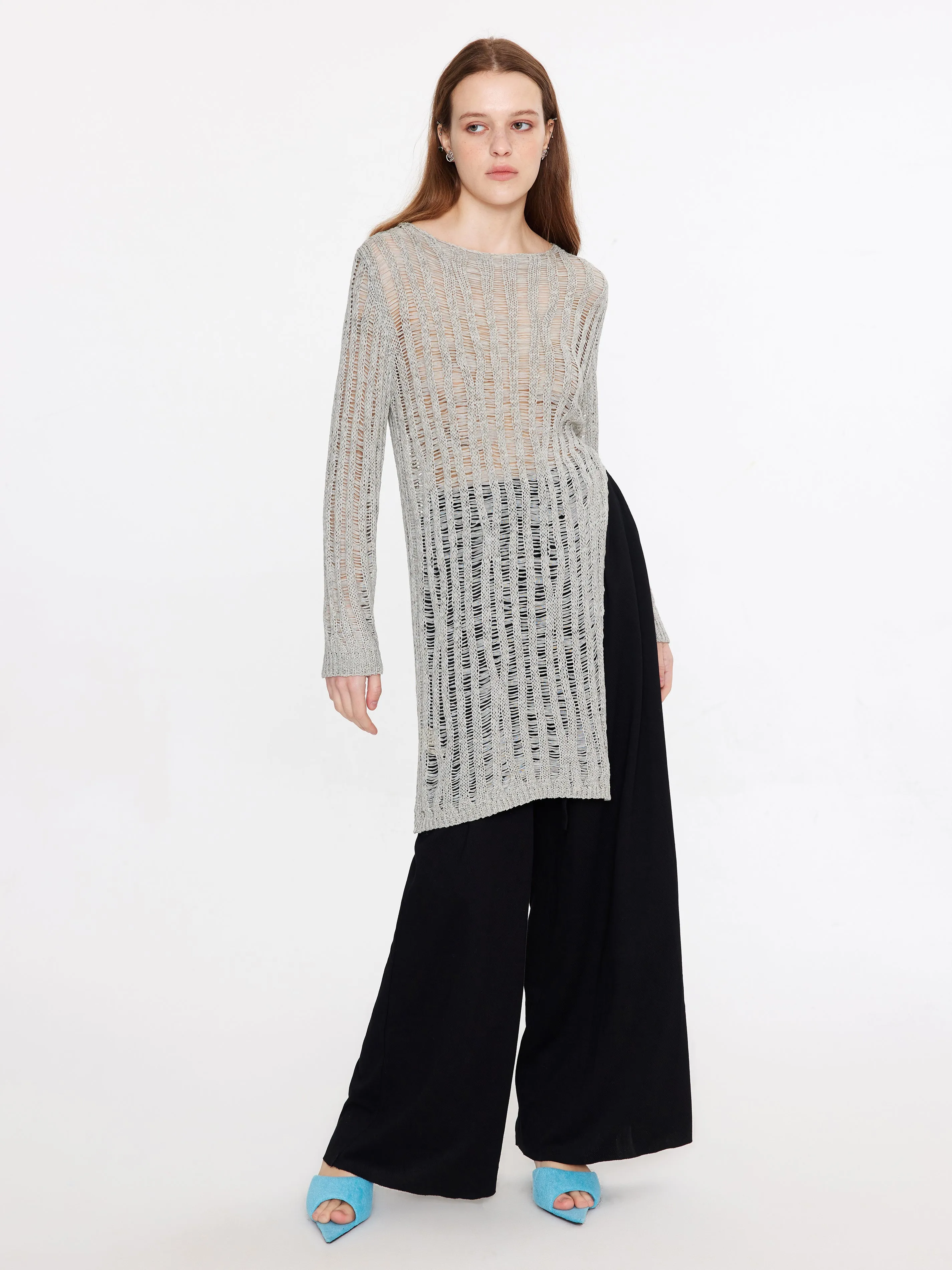 Sheer Slitted Long Sleeve Knit Top
