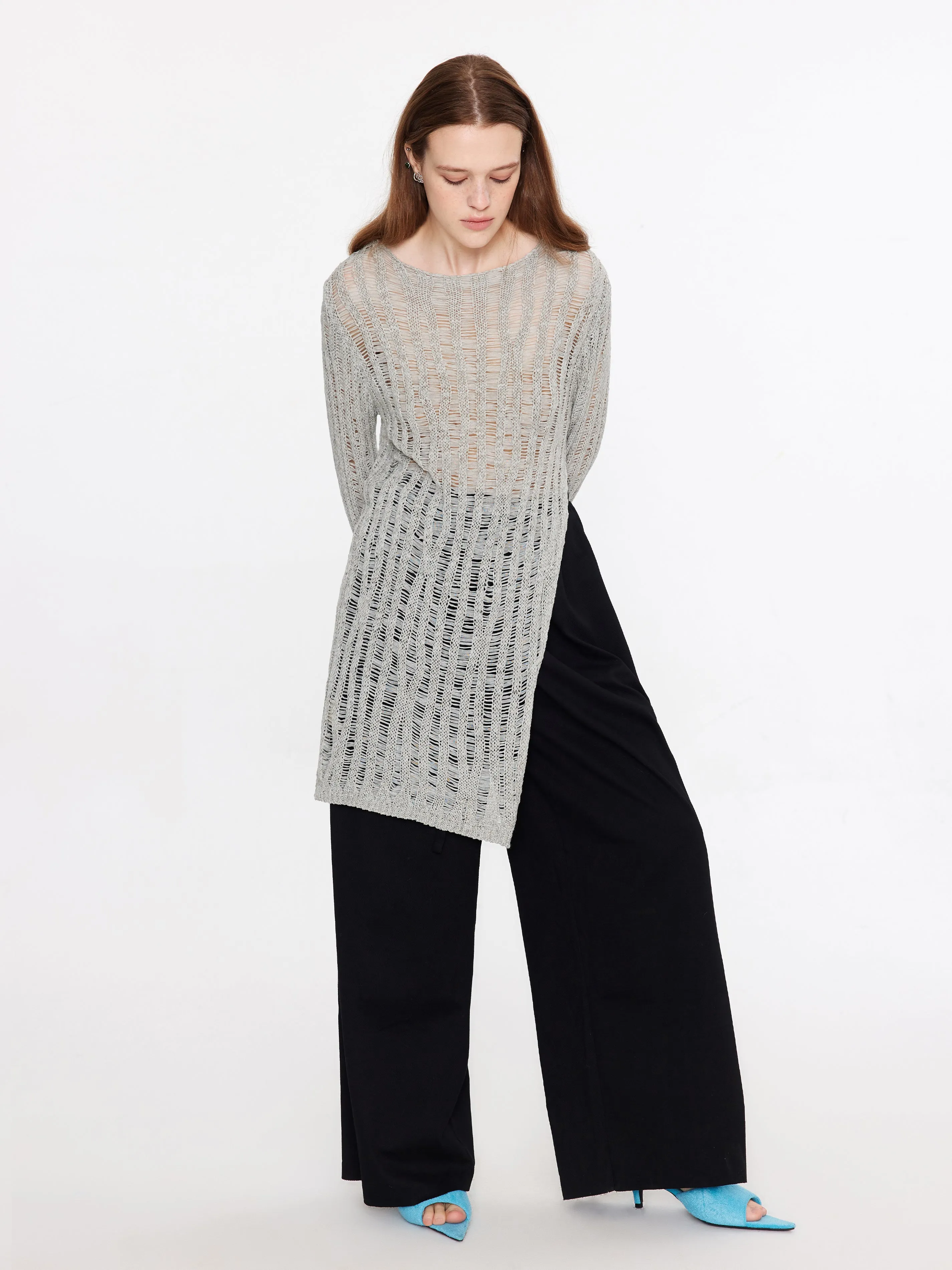 Sheer Slitted Long Sleeve Knit Top