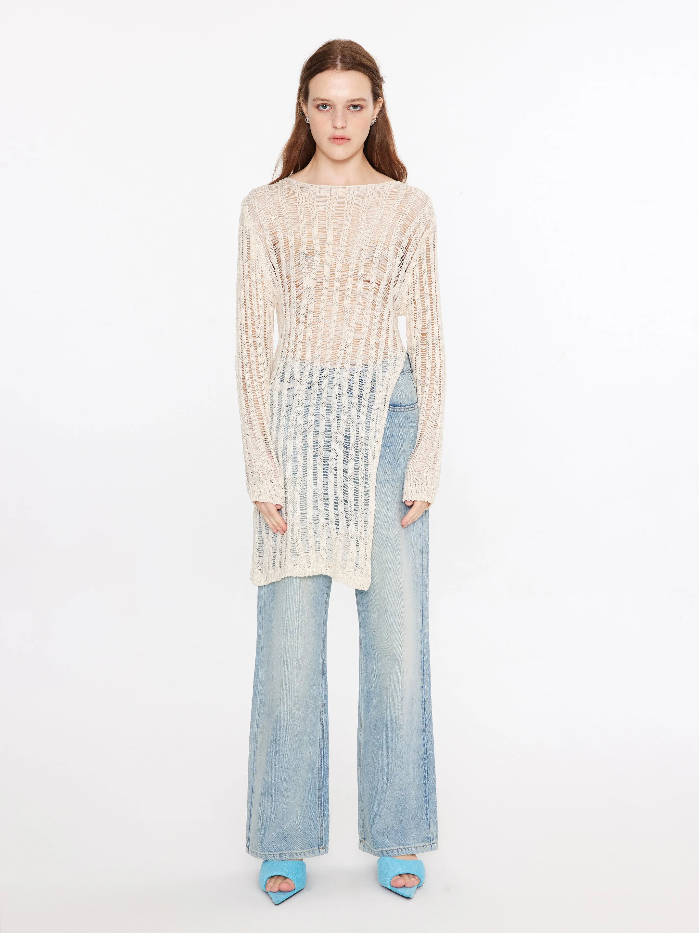 Sheer Slitted Long Sleeve Knit Top