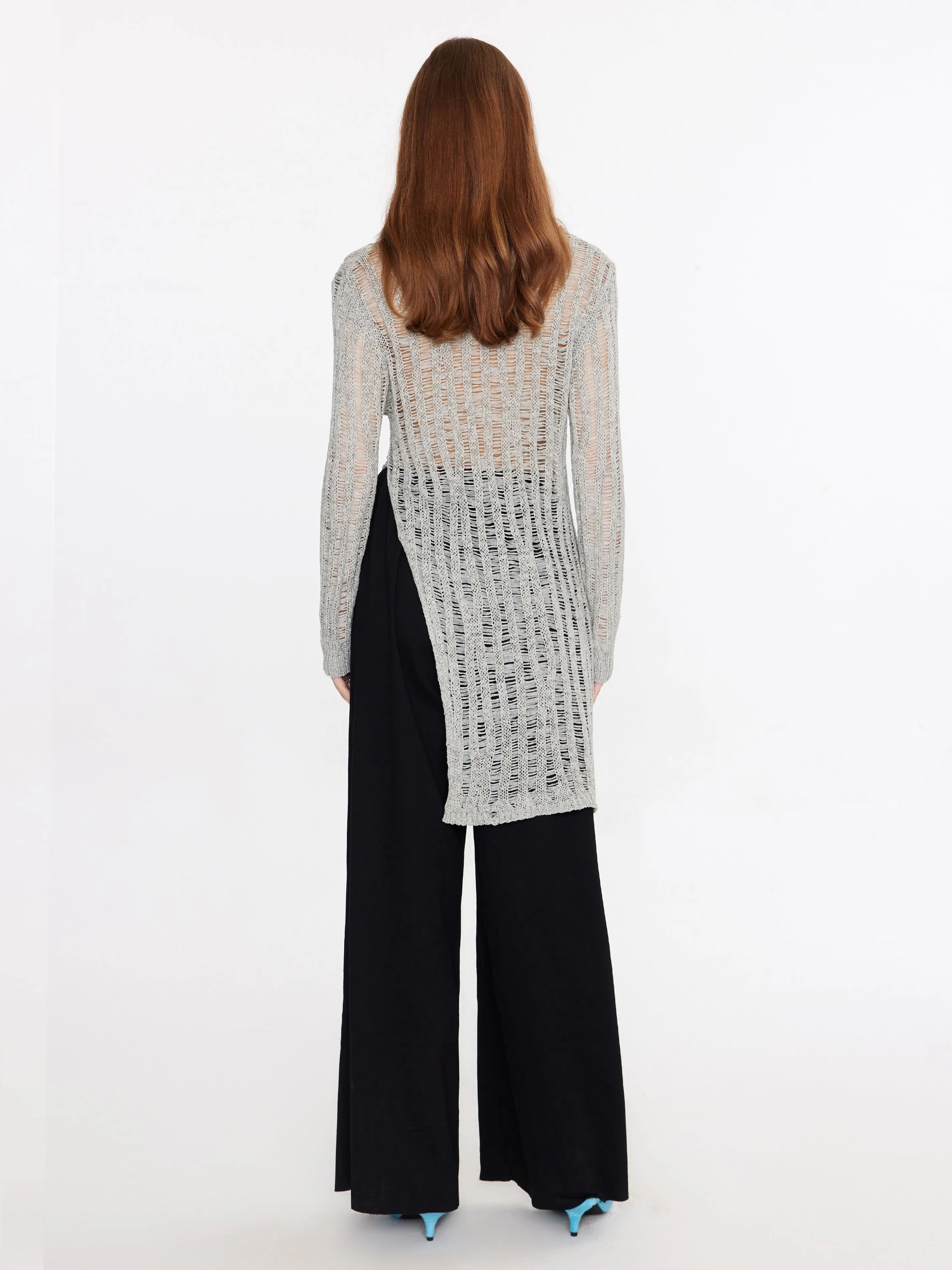 Sheer Slitted Long Sleeve Knit Top