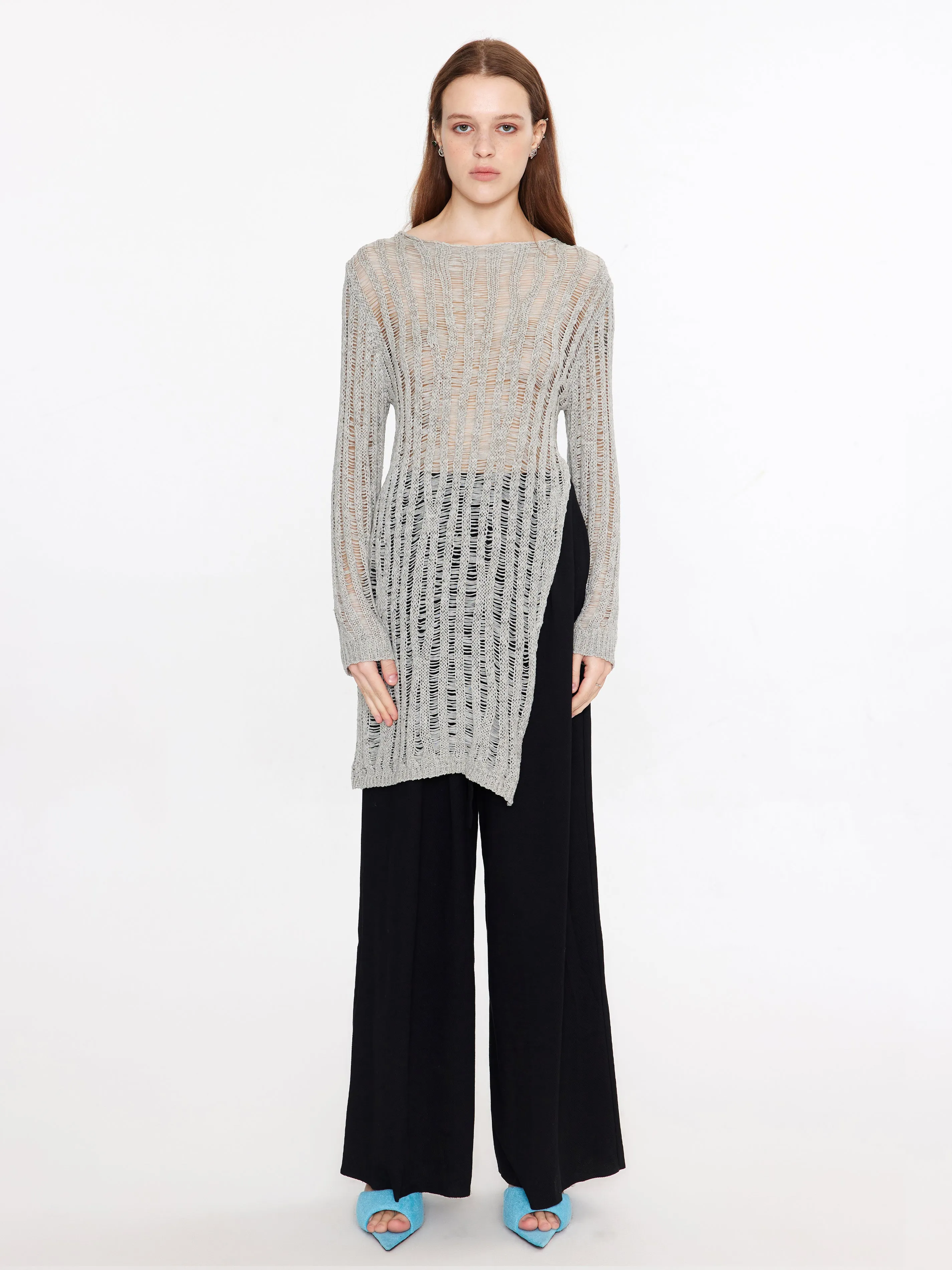 Sheer Slitted Long Sleeve Knit Top