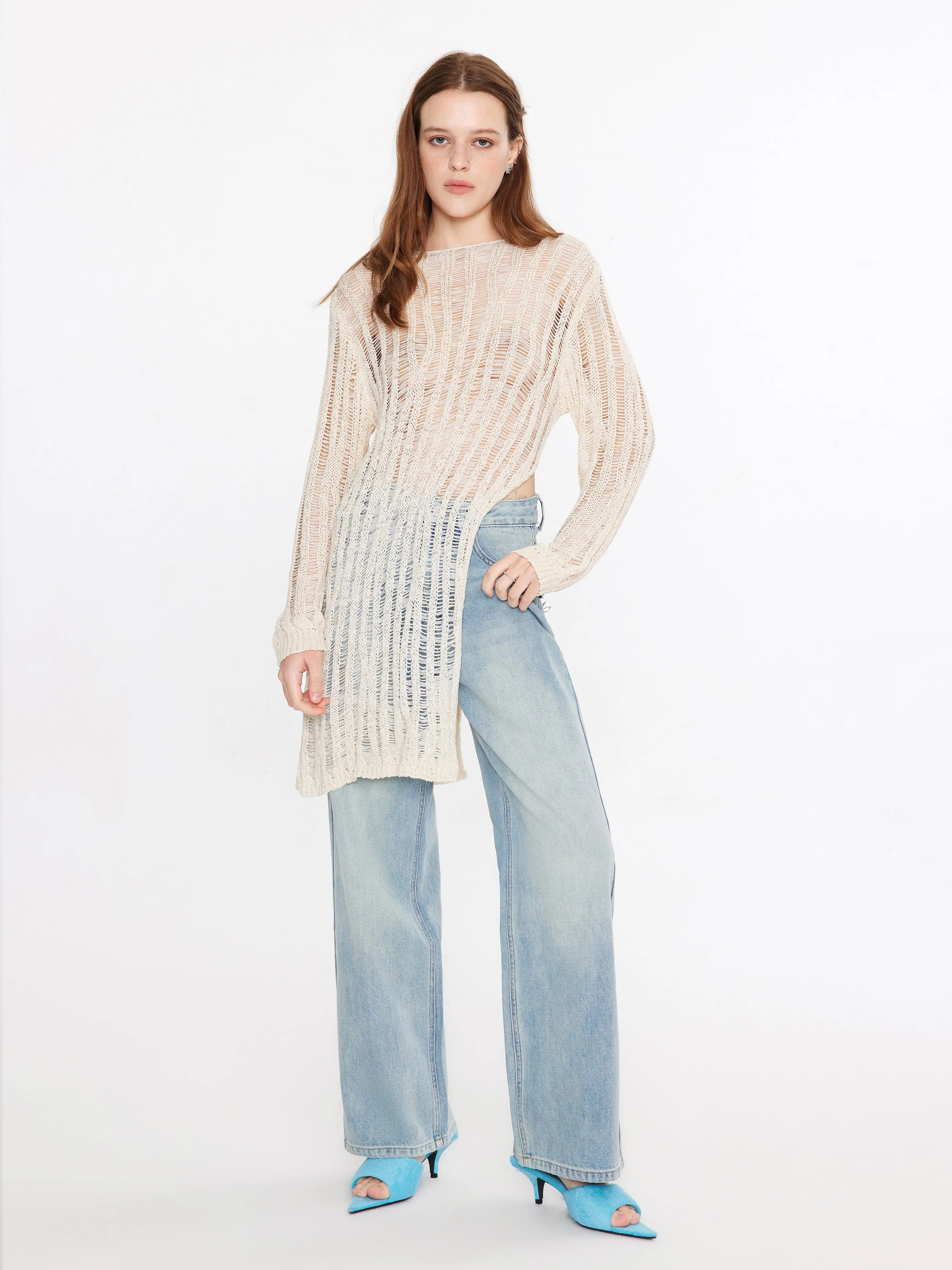 Sheer Slitted Long Sleeve Knit Top