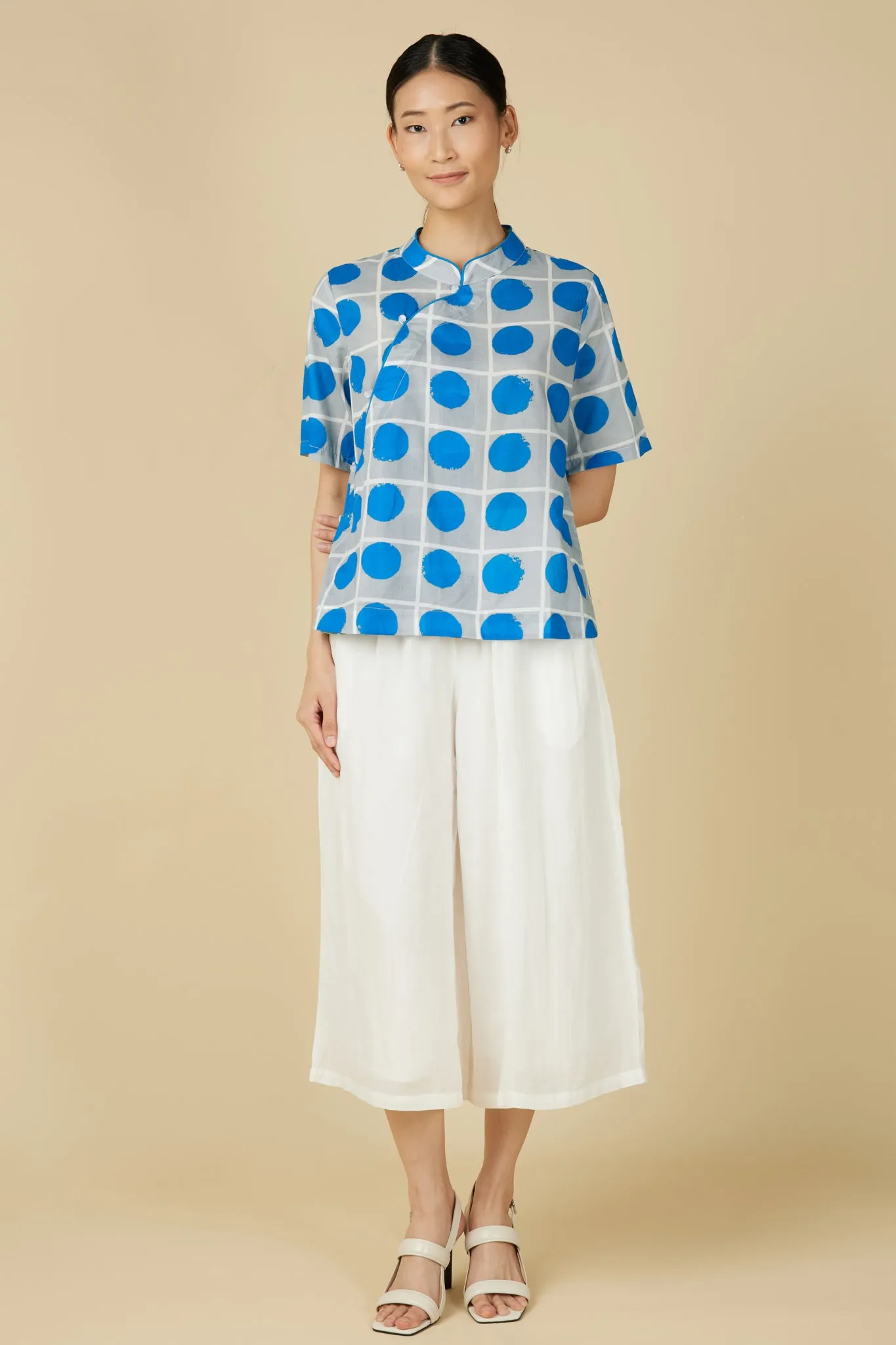 Short Sleeve Cheongsam Top - Blue Polka Dot