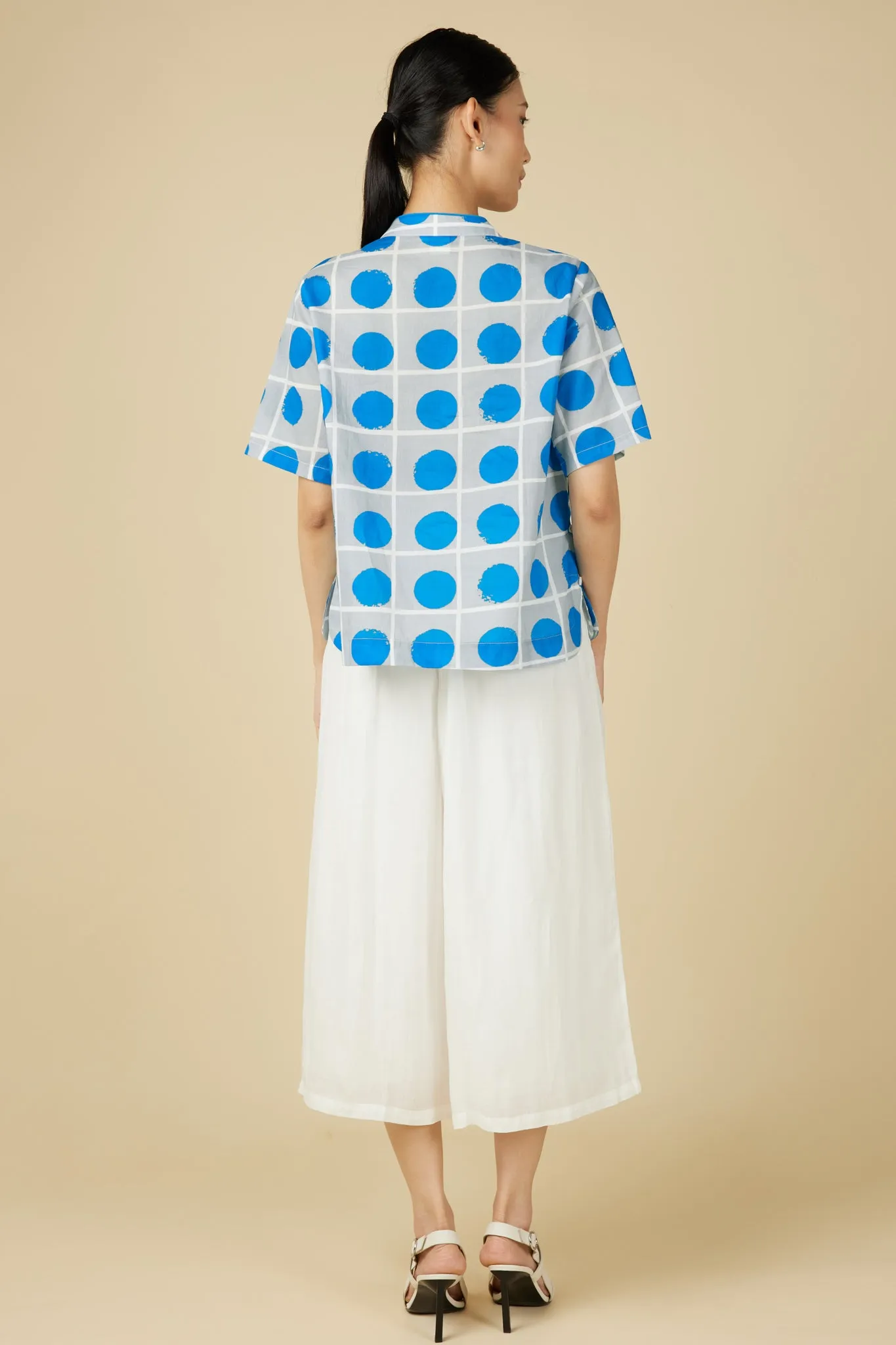 Short Sleeve Cheongsam Top - Blue Polka Dot
