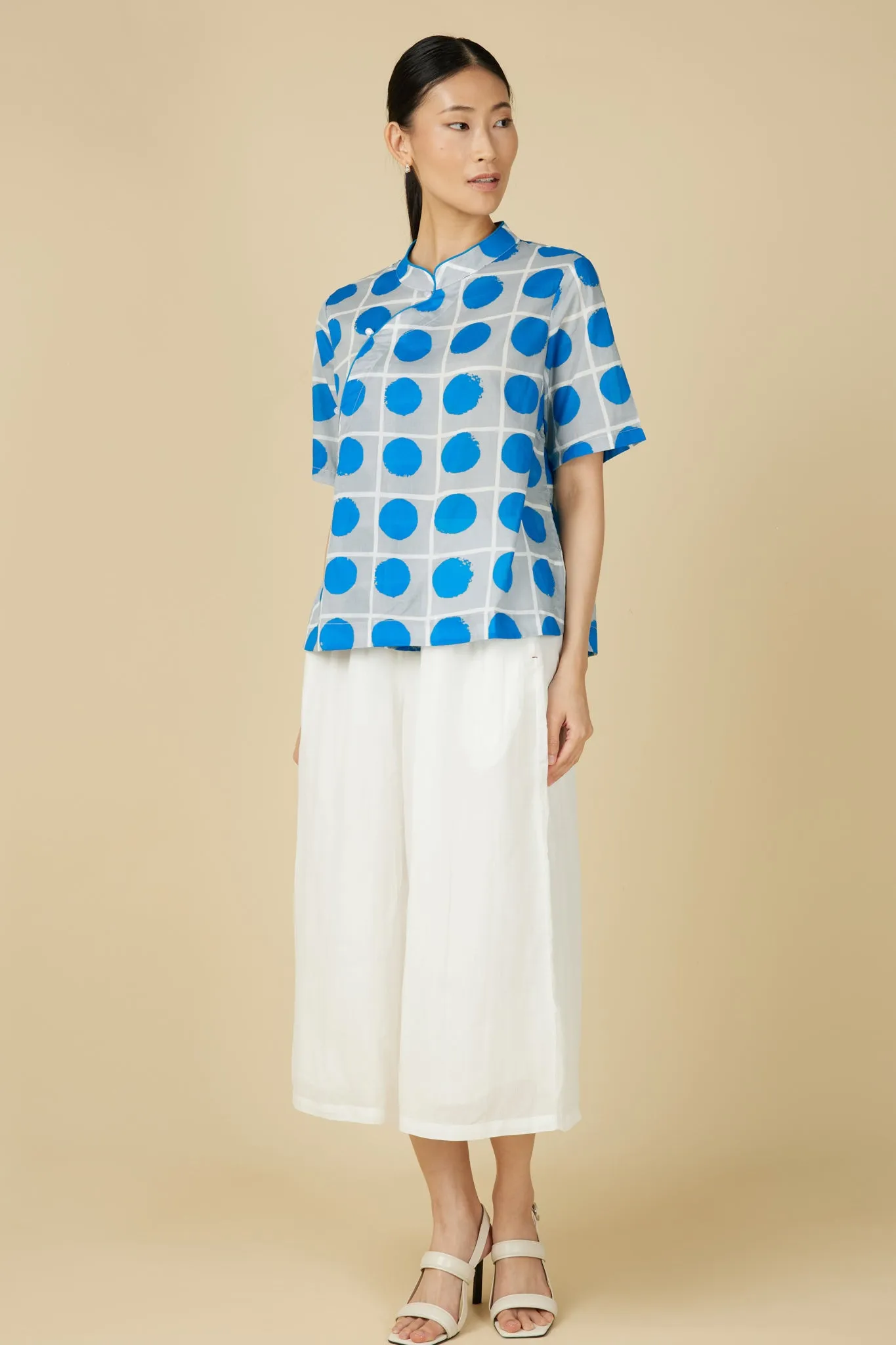 Short Sleeve Cheongsam Top - Blue Polka Dot