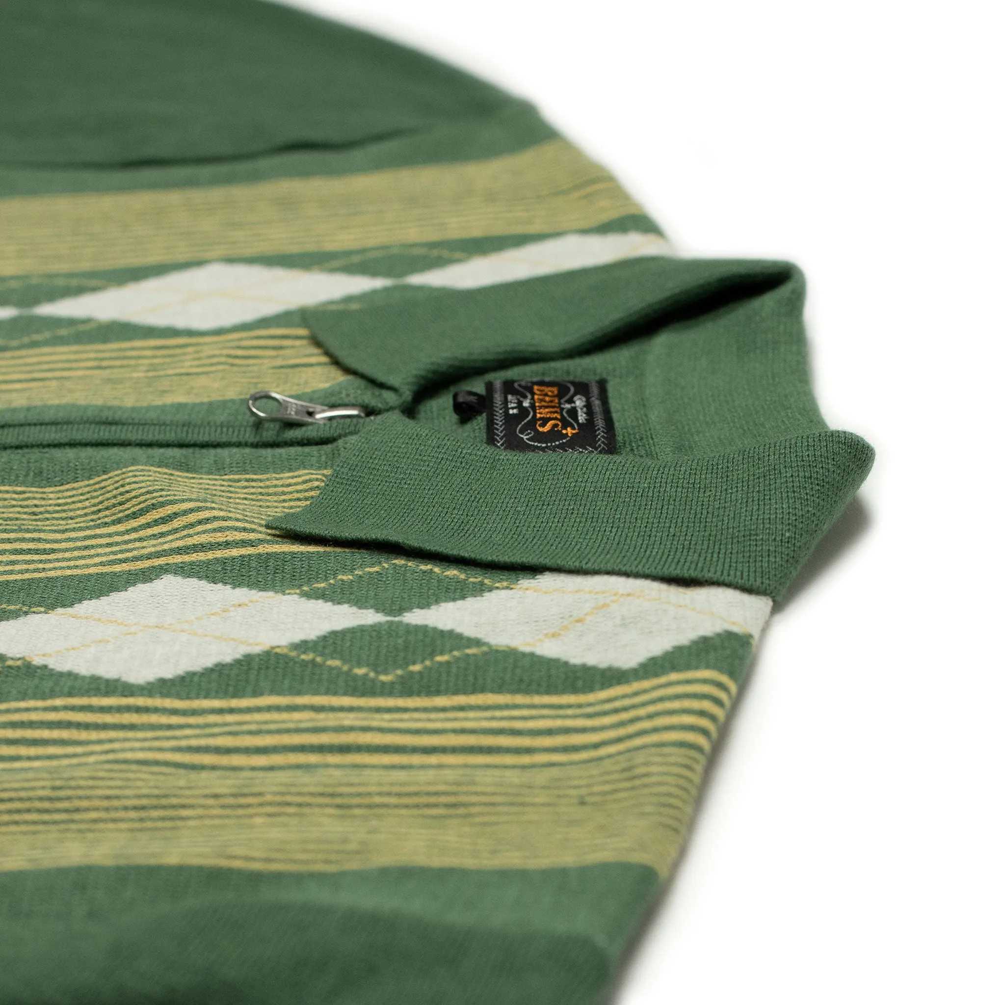 Short sleeve zip knit polo in retro green stripe ramie and cotton