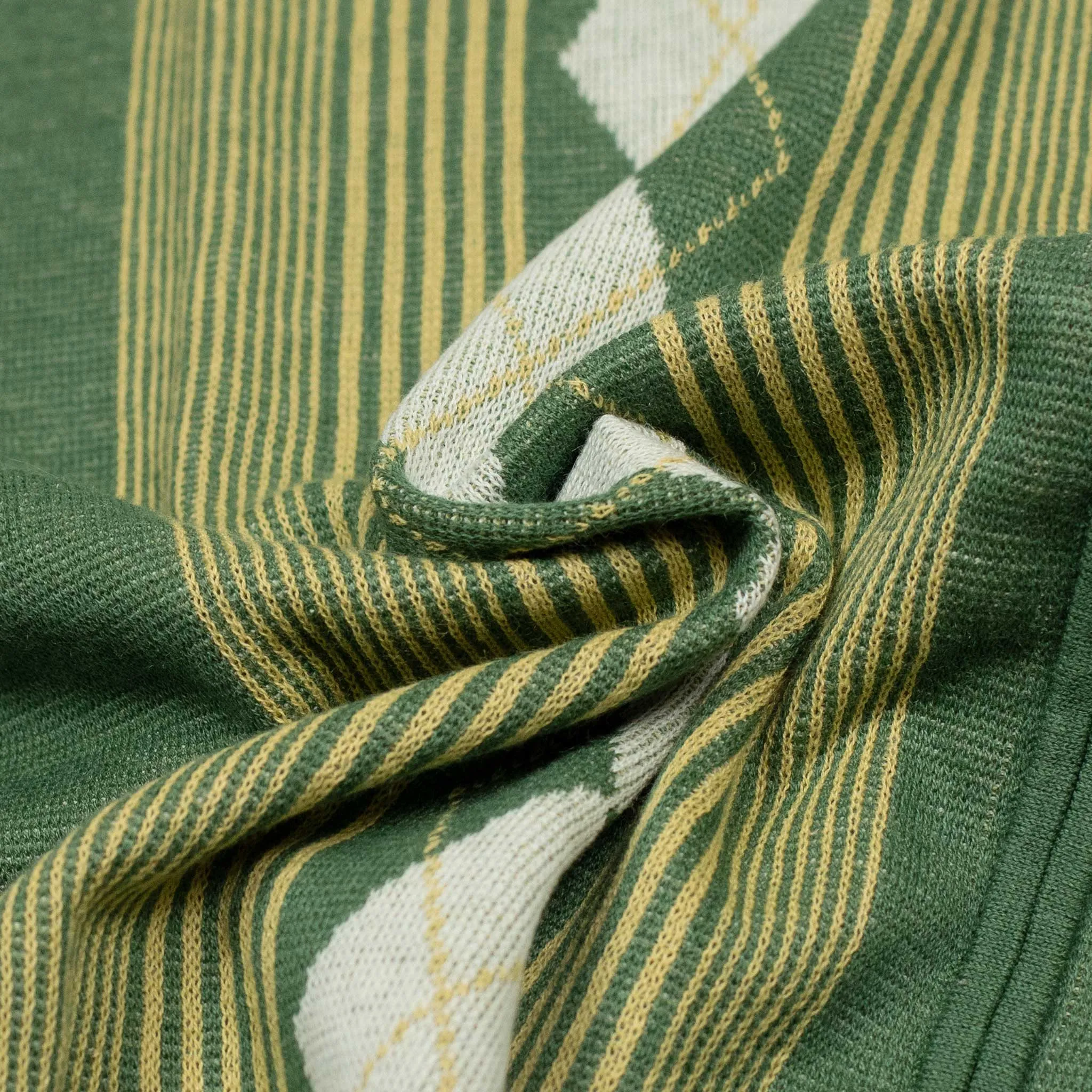 Short sleeve zip knit polo in retro green stripe ramie and cotton