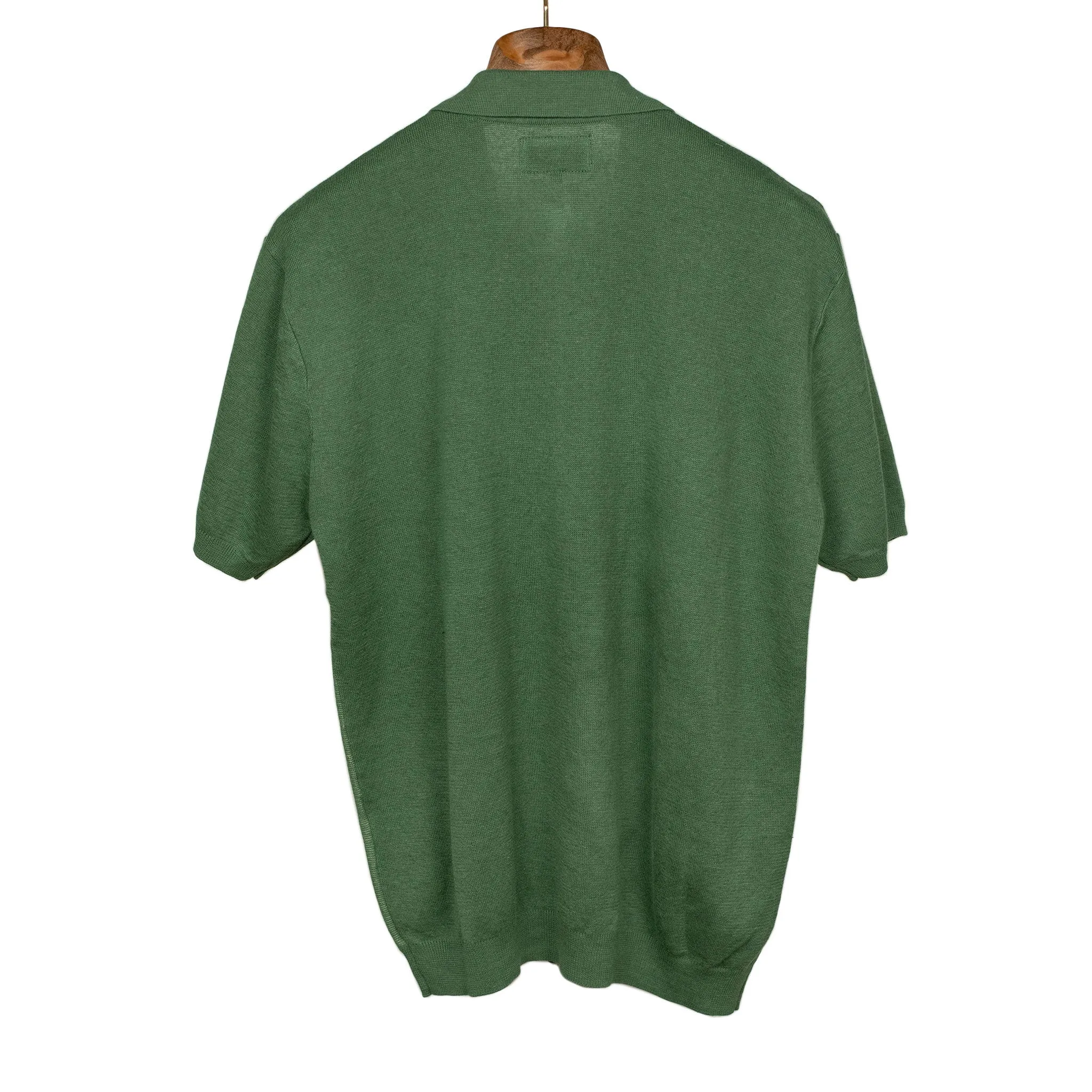 Short sleeve zip knit polo in retro green stripe ramie and cotton
