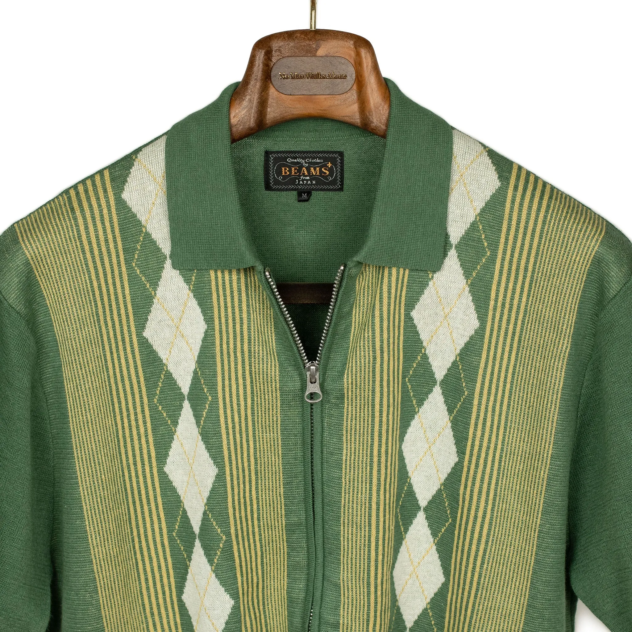 Short sleeve zip knit polo in retro green stripe ramie and cotton