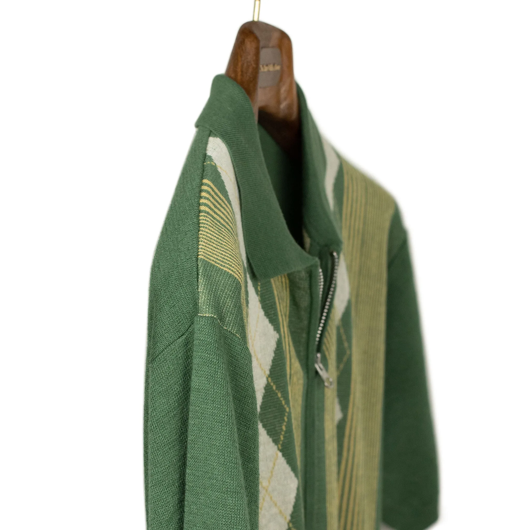 Short sleeve zip knit polo in retro green stripe ramie and cotton
