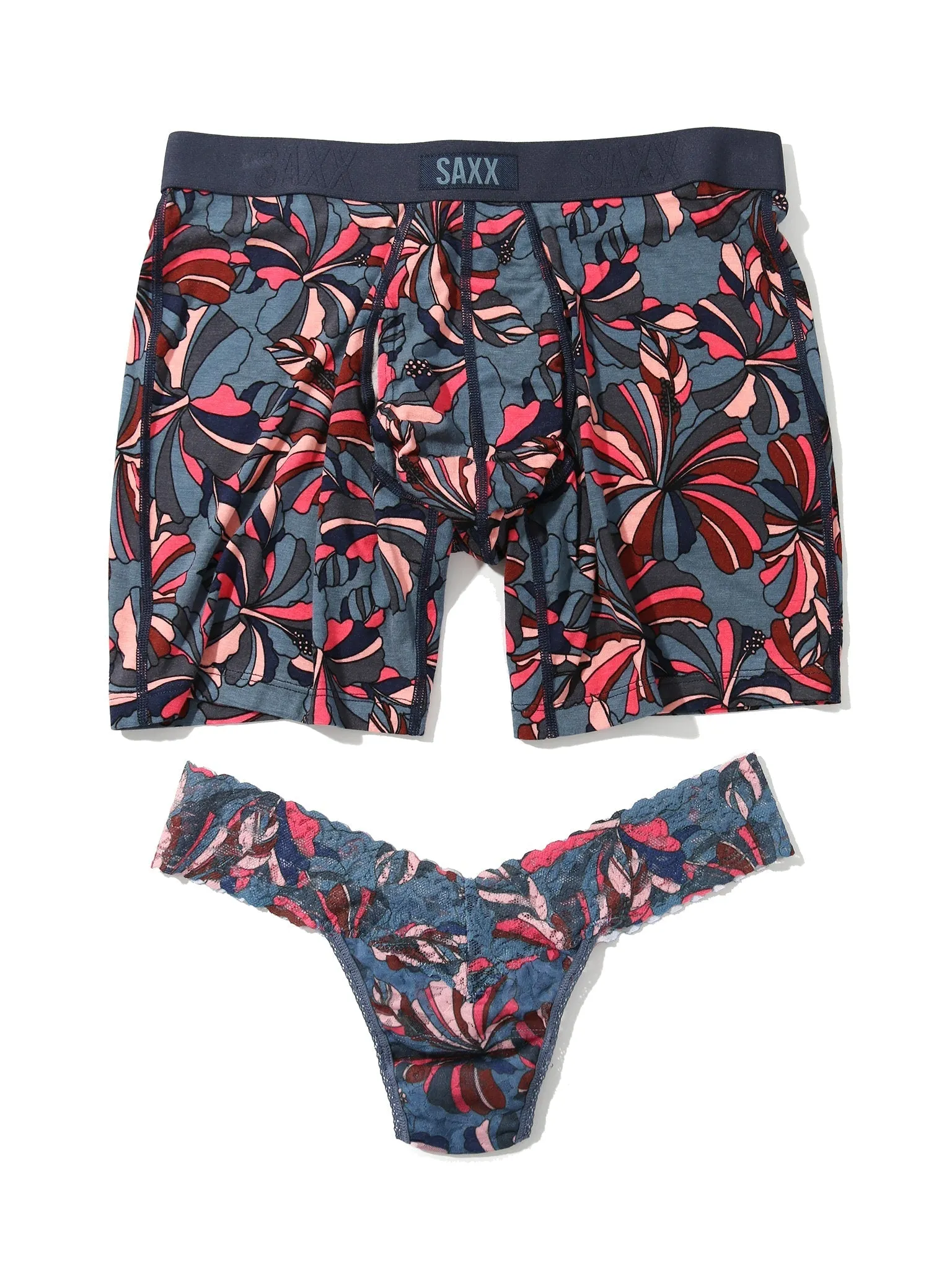 Signature Lace Low Rise Thong And Saxx Super Soft Vibe Boxer Brief Flower Pop