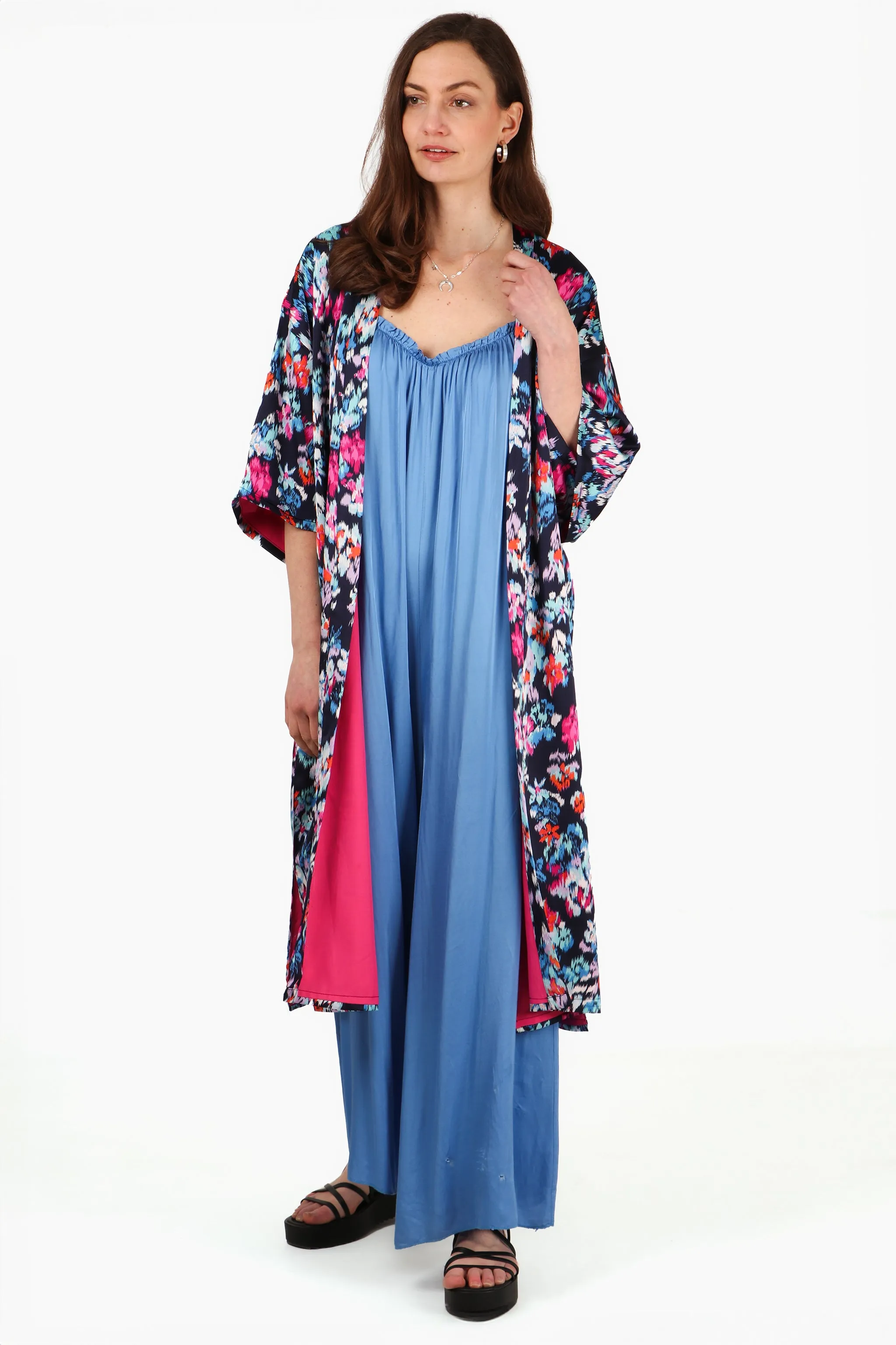 Silk Textured Abstract Floral Print Lined Kimono Jacket in Navy Blue