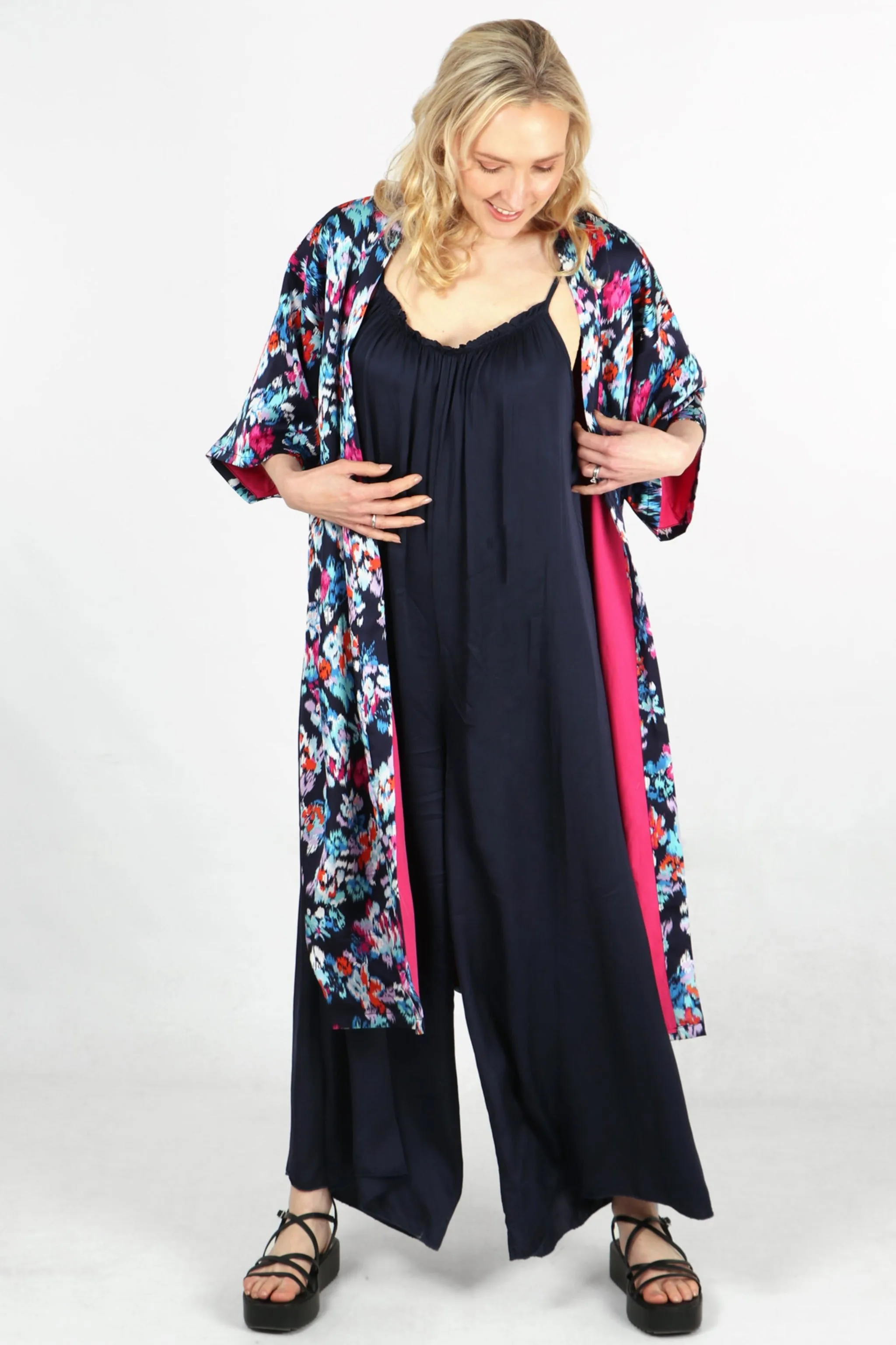 Silk Textured Abstract Floral Print Lined Kimono Jacket in Navy Blue