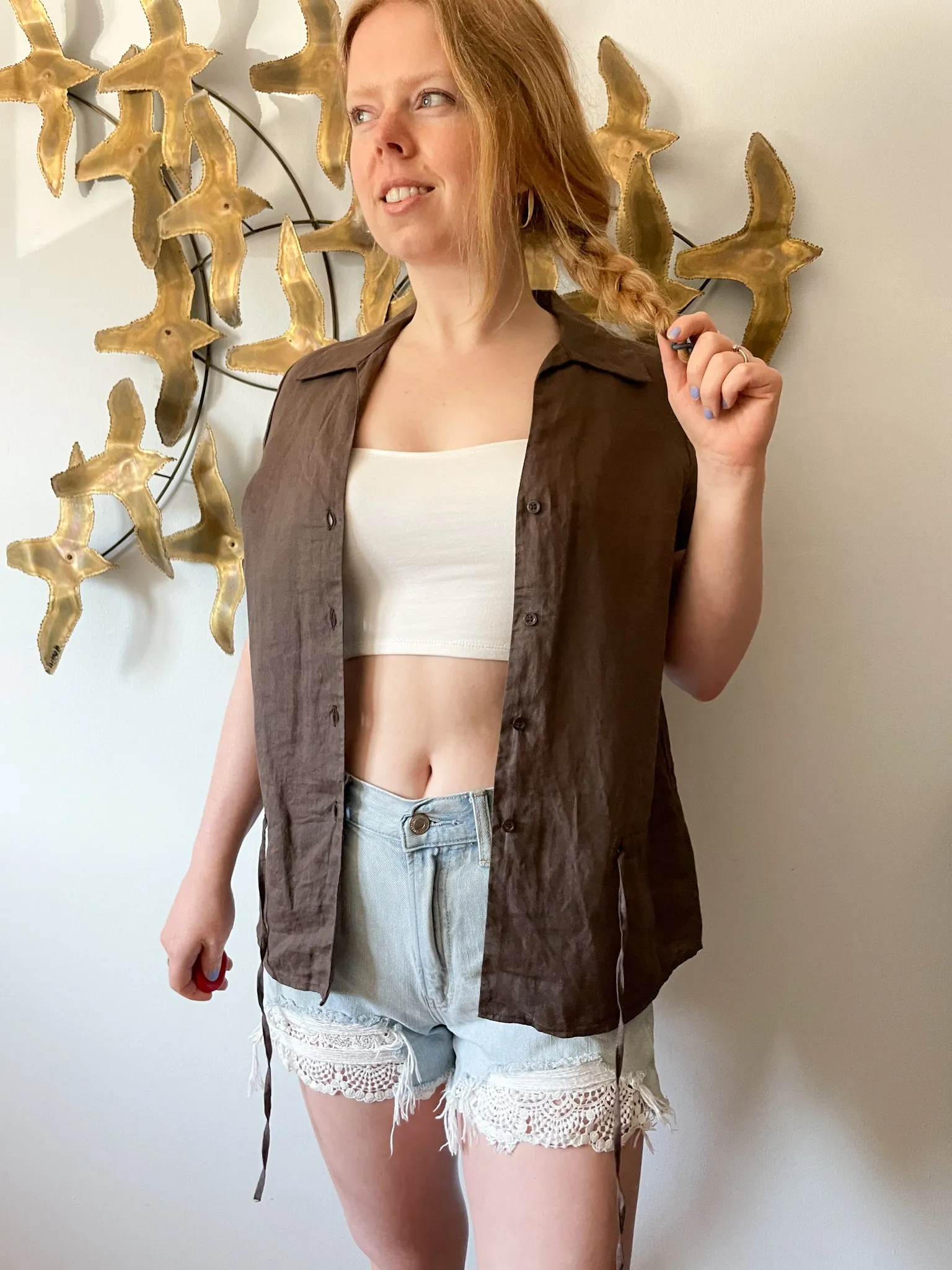 Sisley Brown Ramie Blouse Top with Waist Tie - Small