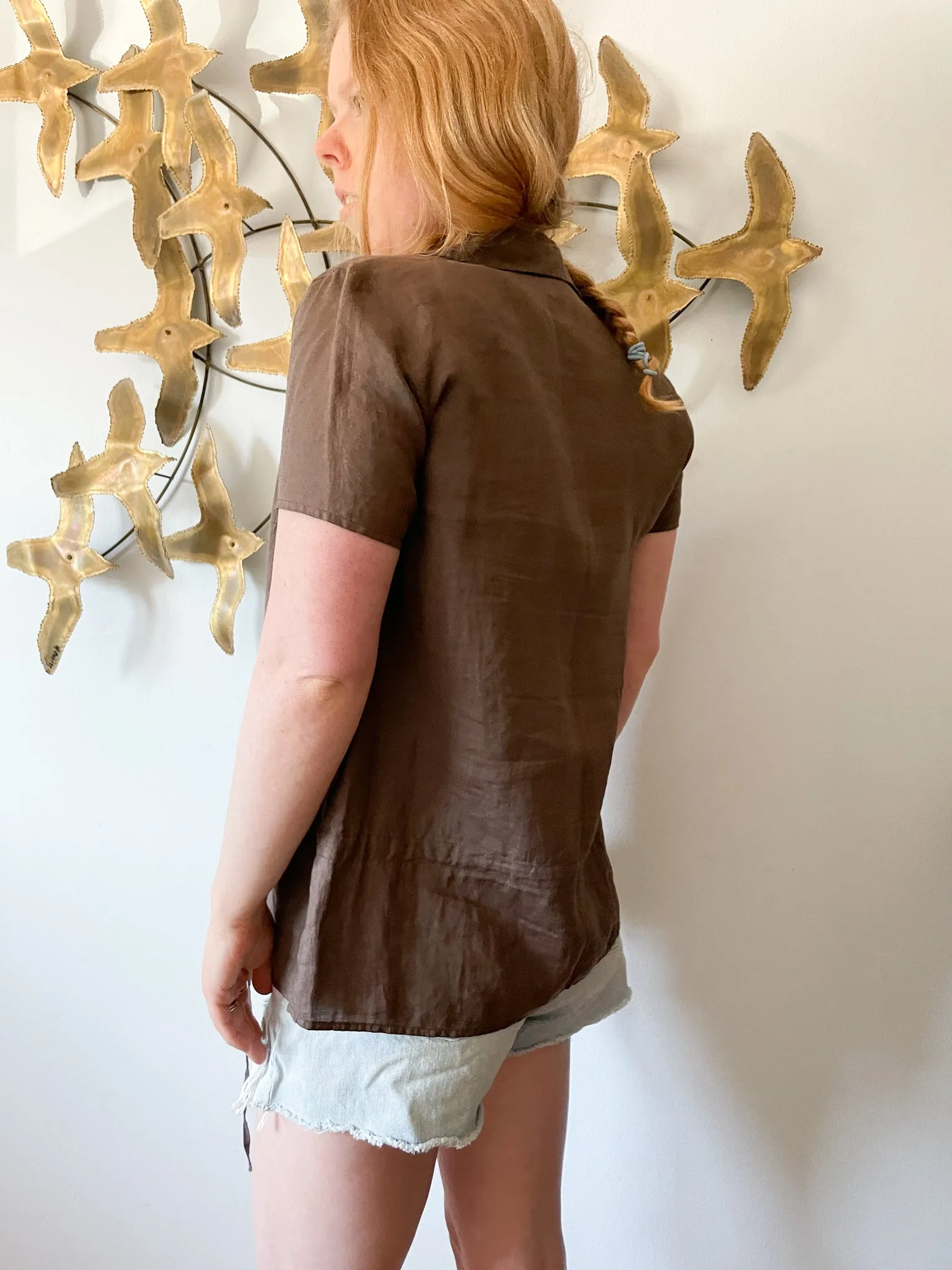 Sisley Brown Ramie Blouse Top with Waist Tie - Small