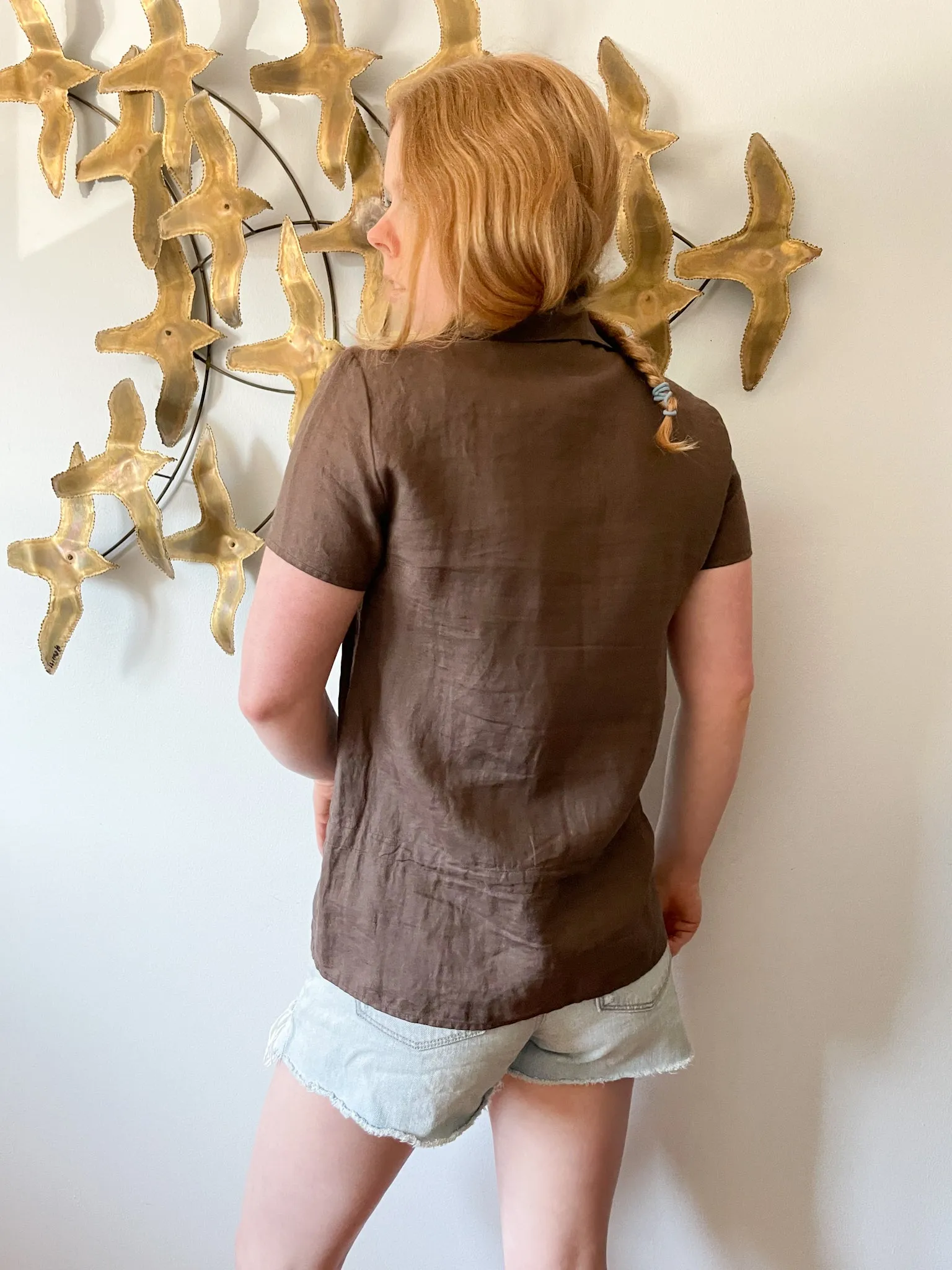 Sisley Brown Ramie Blouse Top with Waist Tie - Small