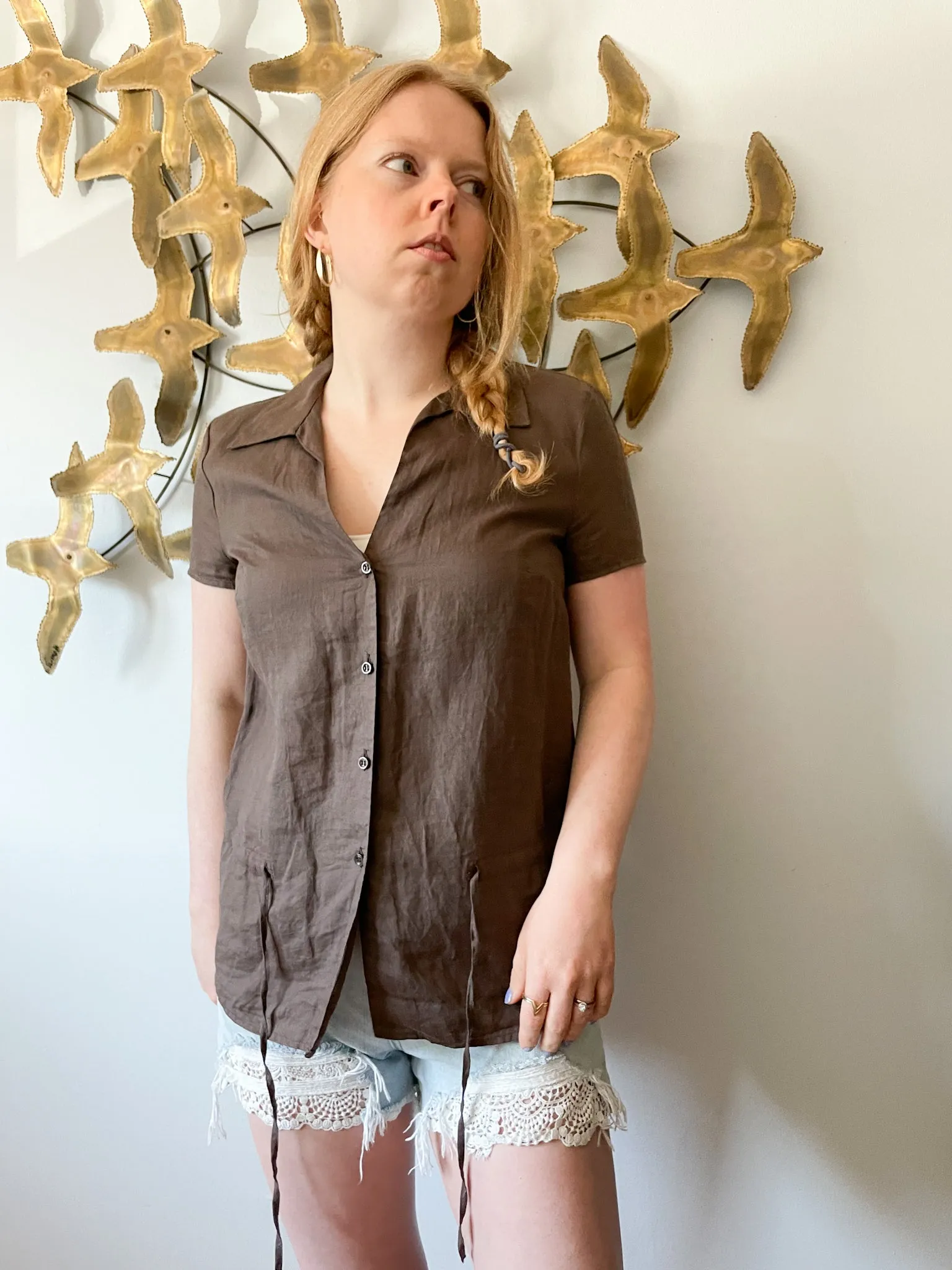 Sisley Brown Ramie Blouse Top with Waist Tie - Small