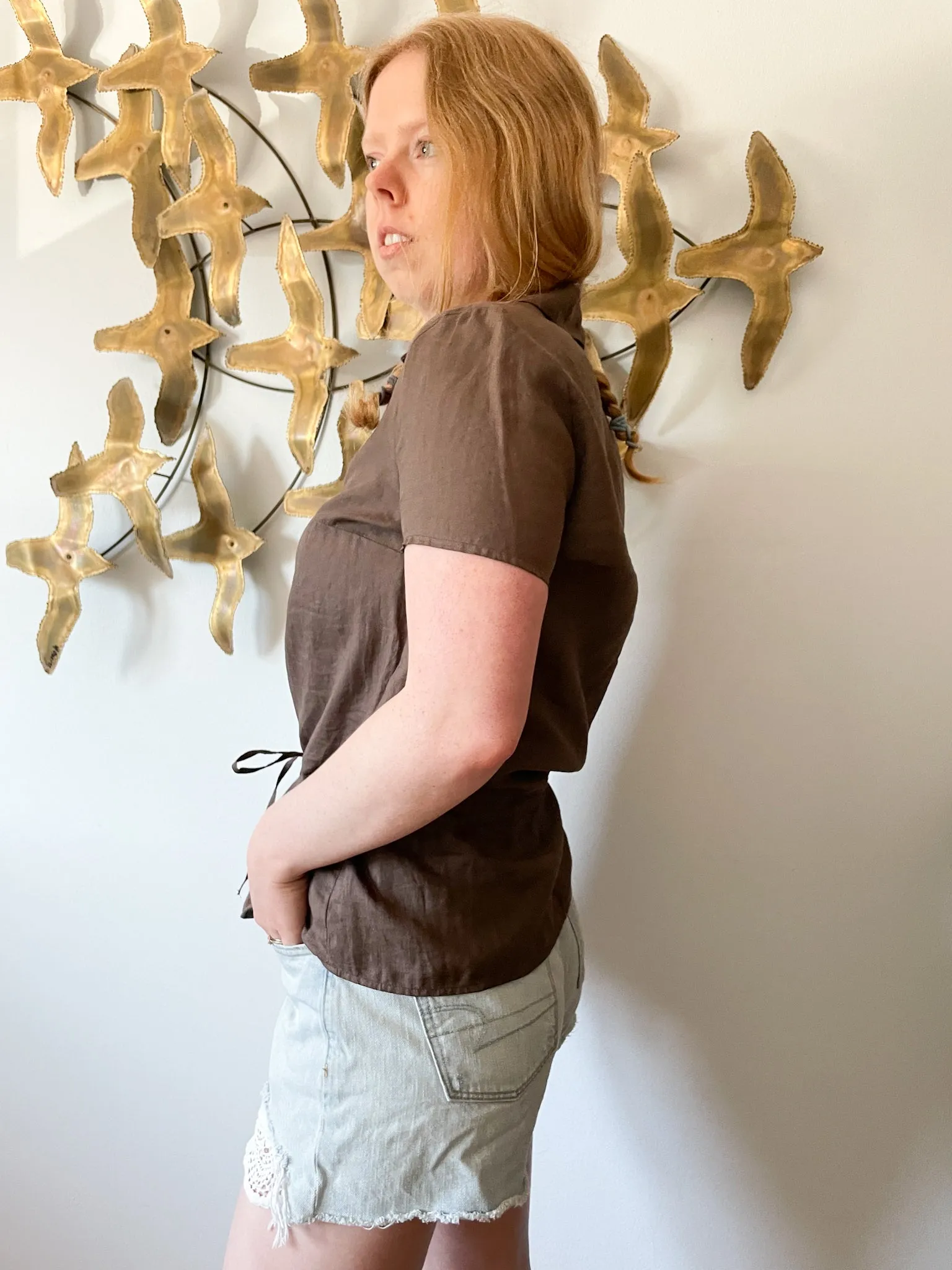 Sisley Brown Ramie Blouse Top with Waist Tie - Small