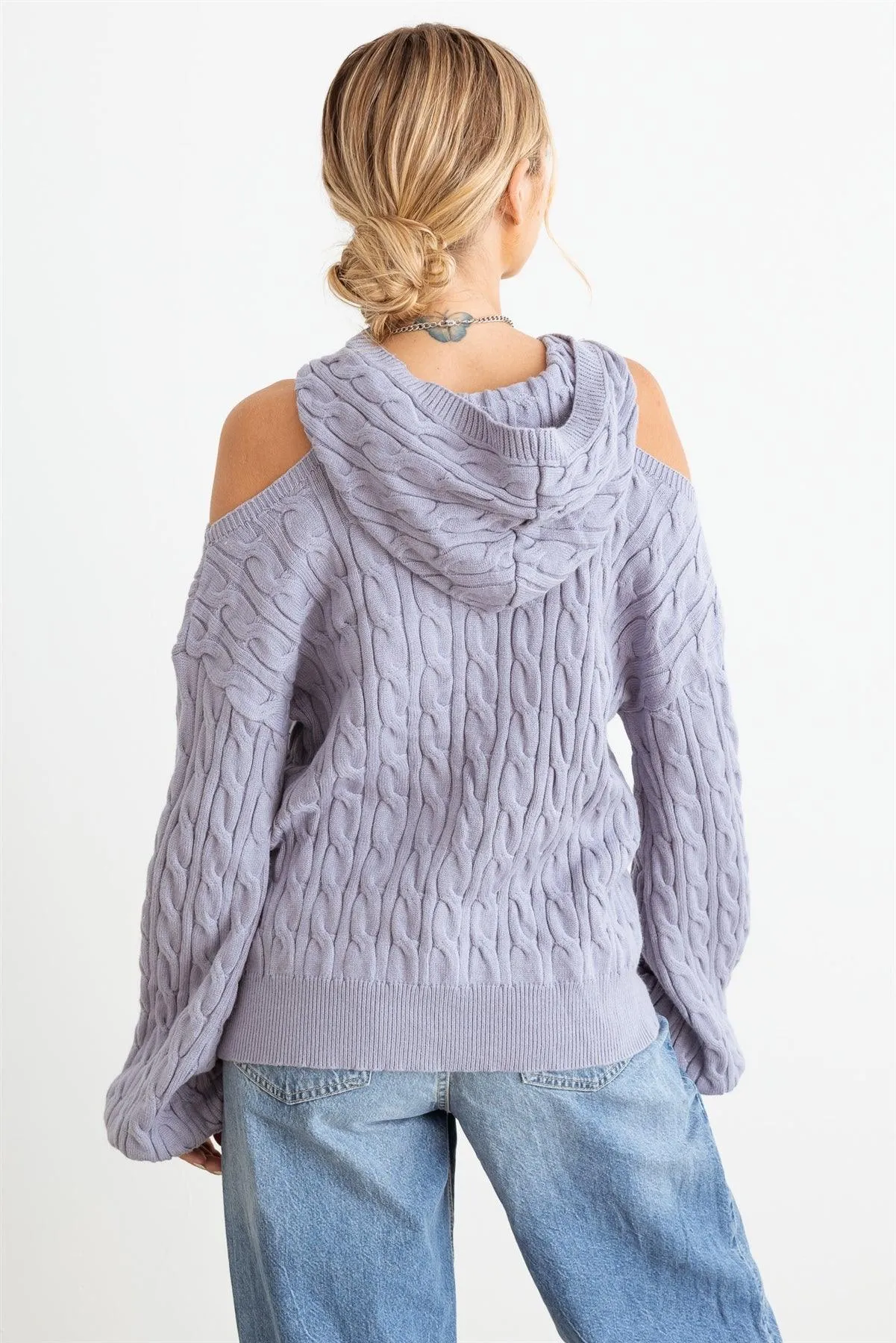Slate Cable Knit Cold Shoulder Hooded Sweater