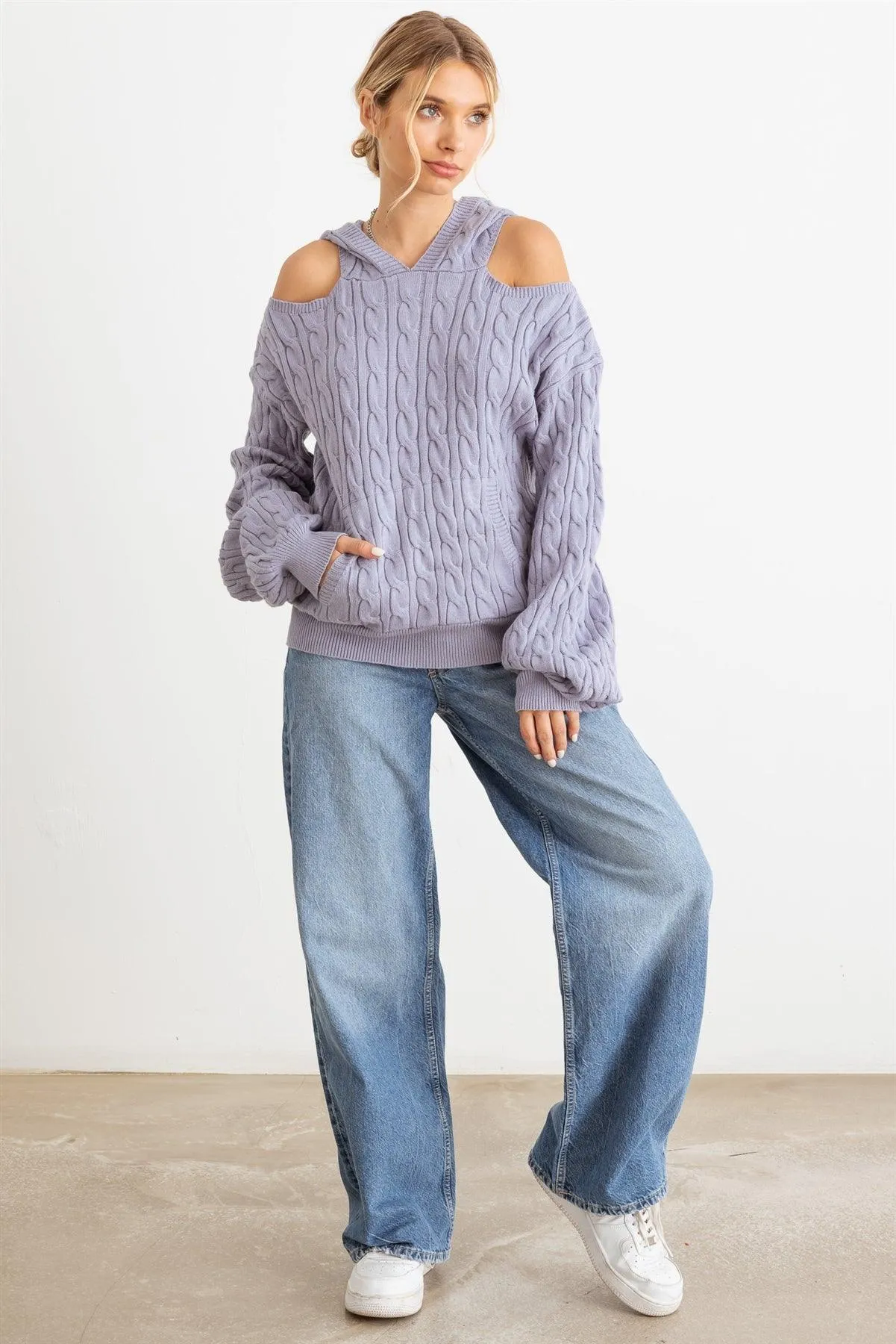 Slate Cable Knit Cold Shoulder Hooded Sweater