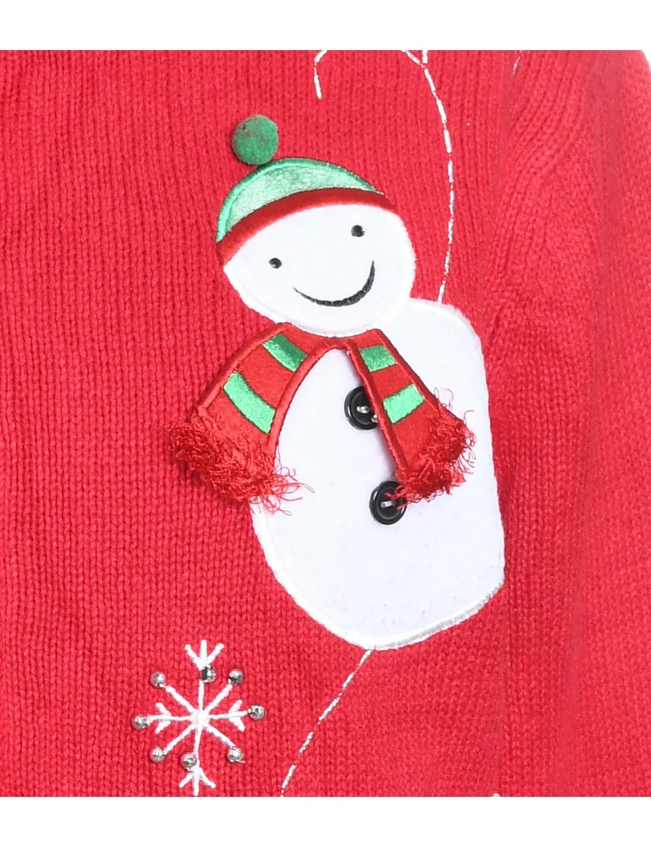 Snowman Design Knit Zip-Front Christmas Cardigan - M